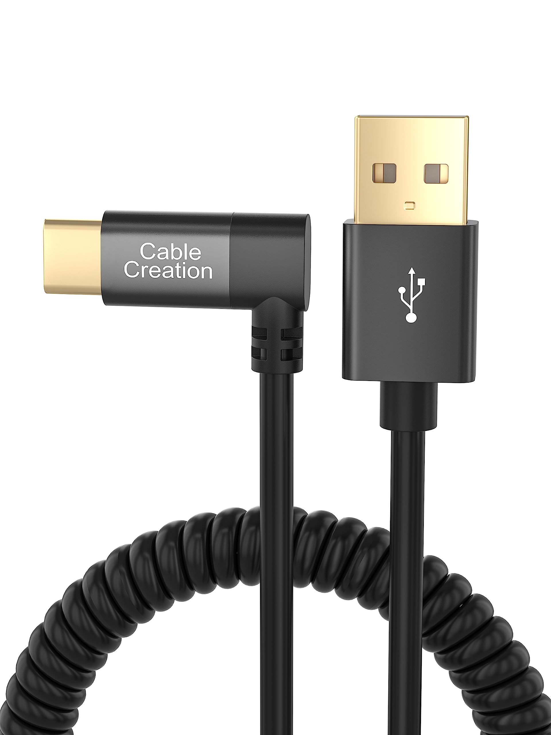 CableCreation USB C Fast Charging Coiled Retractable Cable - 3A Angled USB-C to USB-A for Android Auto, CarPlay, iPhone 15/16, MacBook, Drone, Smartphones & Tablets - Perfect for Car, Office & Travel (5ft Max Length)