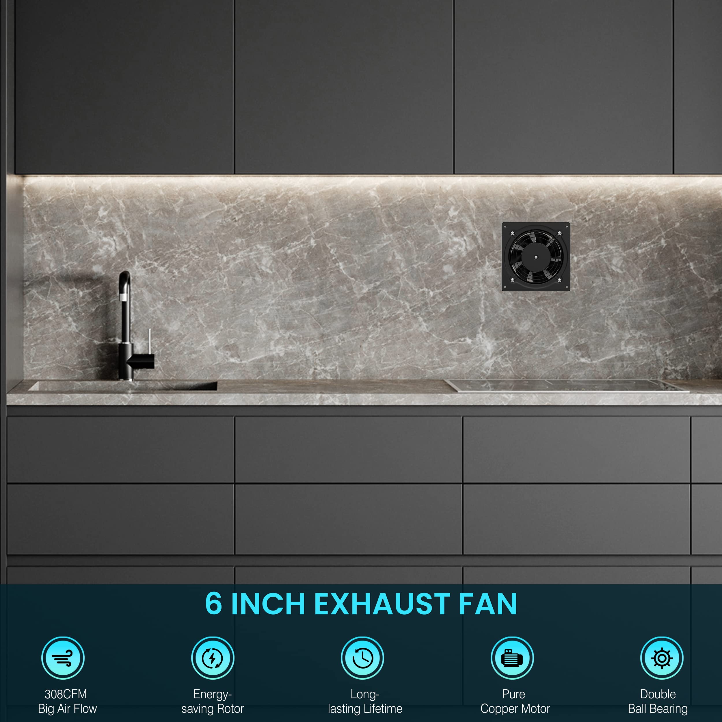 HG Power 6 Inch 308CFM Wall Mount Exhaust Fan - High Performance Ventilation for Kitchen, Bathroom, Attic, Garage & HVAC Systems | Durable Metal Construction | Black | Perfect for Home, Office & Commercial Spaces