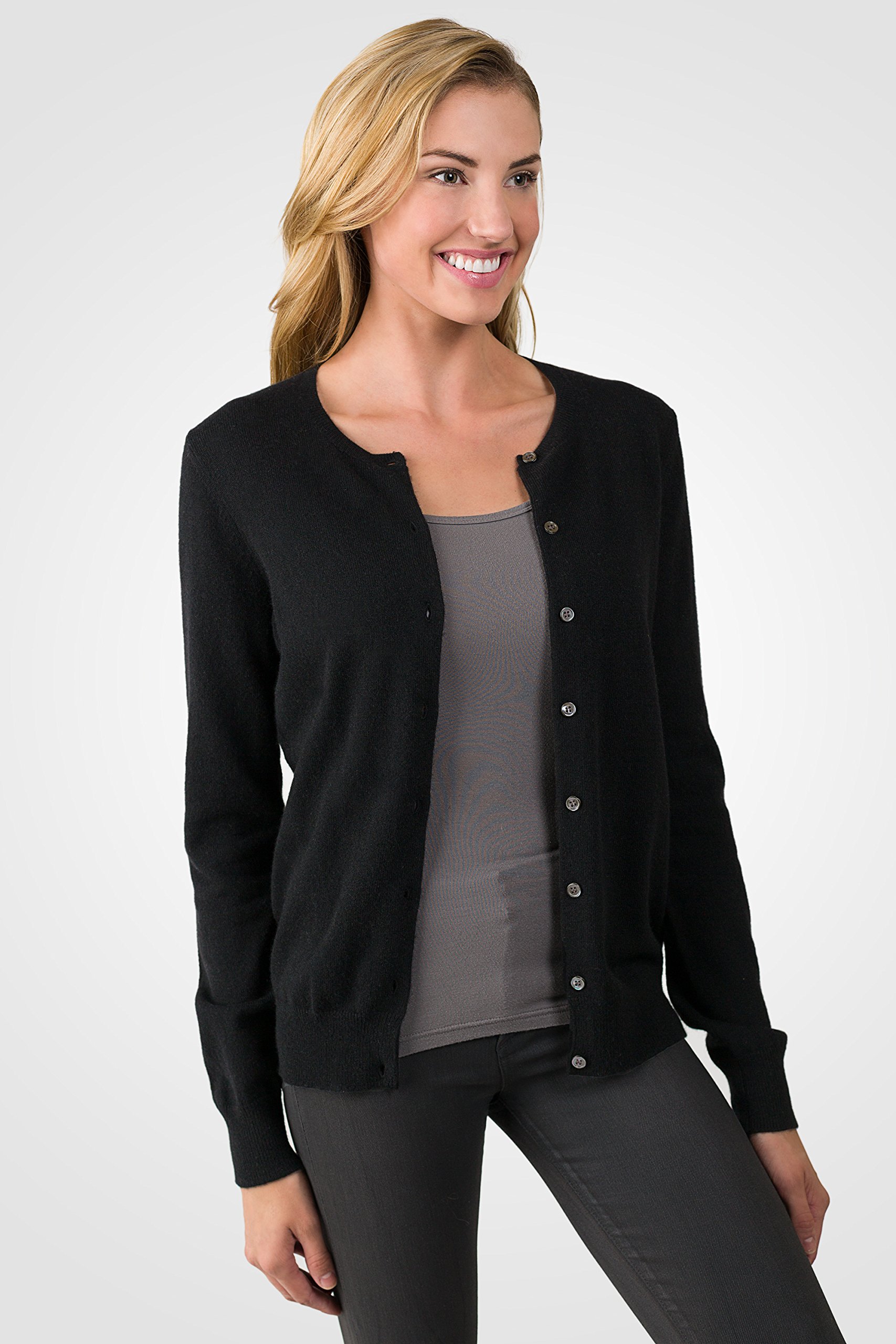 JENNIE LIU Women's 100% Pure Cashmere Button-Up Long Sleeve Crewneck Cardigan Sweater | Soft Warm Winter Knitwear for Office, Date Night & Casual Outfits