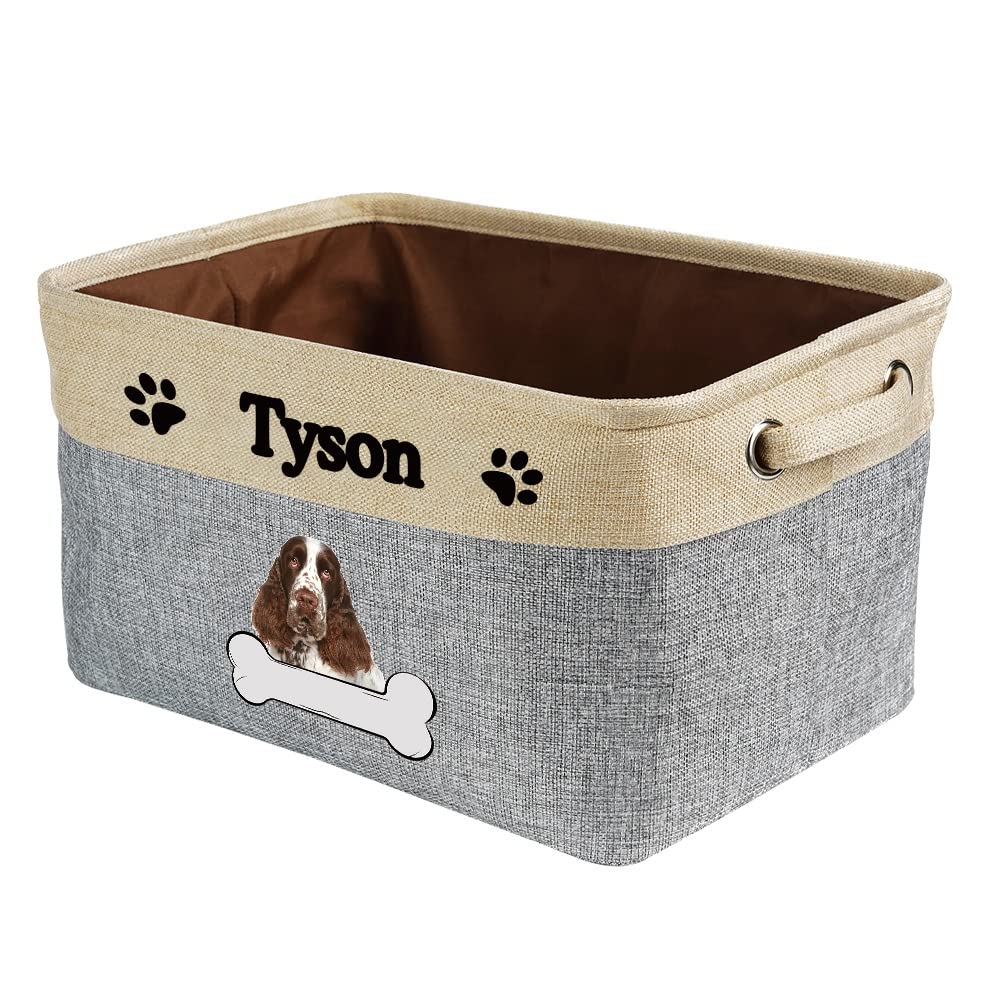 Personalized Dog Storage Basket - English Springer Spaniel Themed Fabric Toy Box with 2 Handles for Organizing Clothes, Blankets & Toys | Perfect for Closet, Nursery & Pet Room Organization (Grey & White)