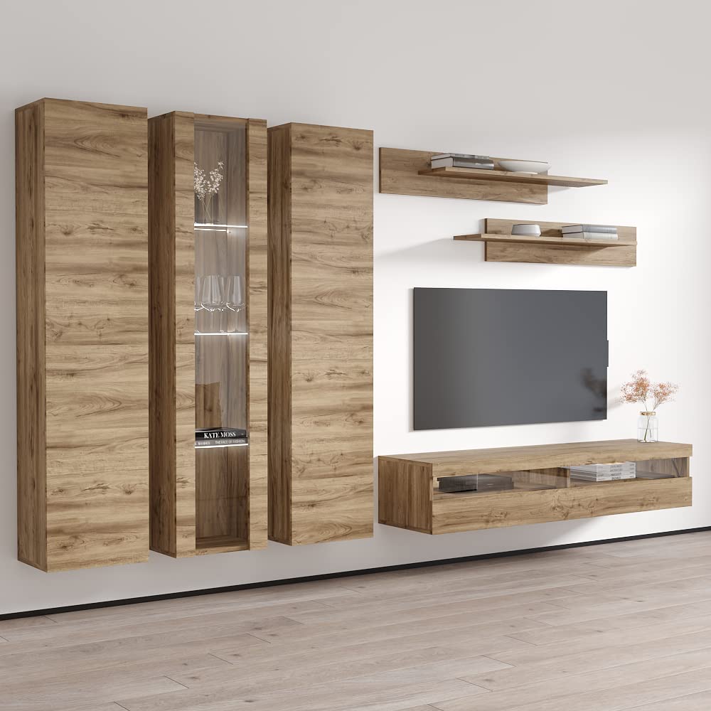 Modern Oak Floating TV Stand with Storage & LED Lights - Wall-Mounted Entertainment Center for Living Room & Bedroom - Space-Saving TV Console with Shelves - Perfect for Small Apartments & Home Theaters