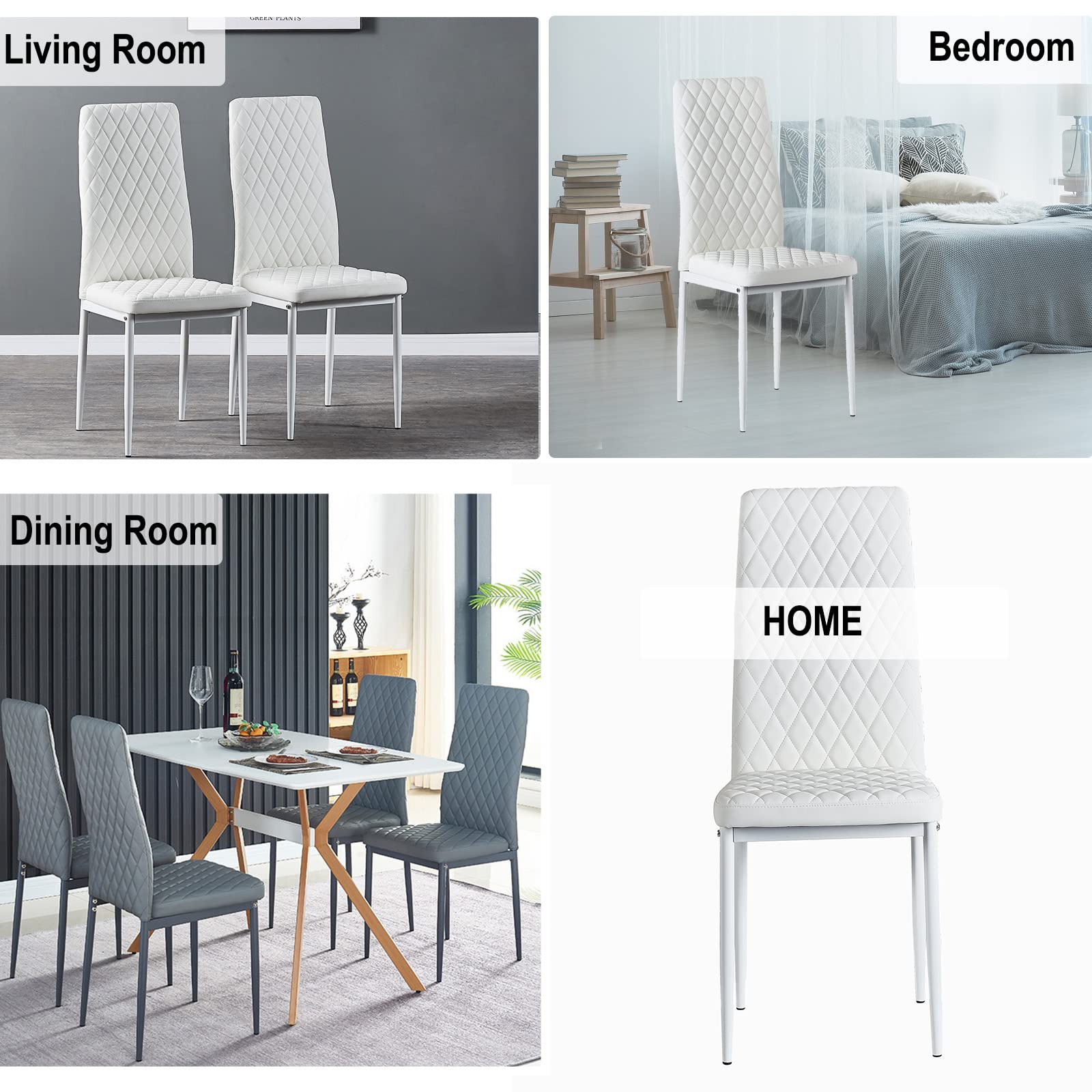 Modern PU Leather Dining Chairs Set of 4 - Armless Side Chairs with Metal Legs for Kitchen, Living Room & Dining Room - Comfortable White Seating for Home, Office & Restaurant Use