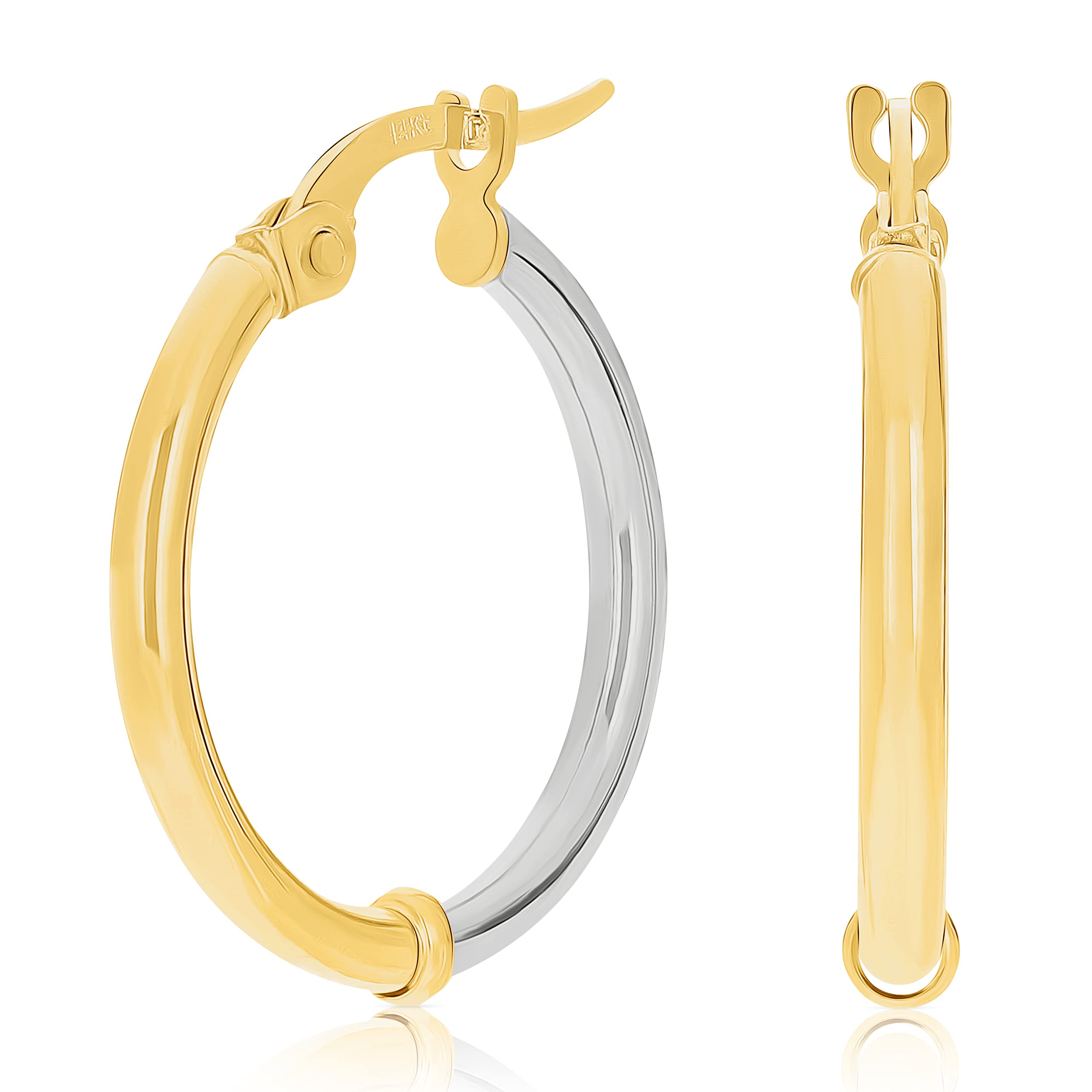 14K Italian Yellow & White Gold Hollow Hoop Earrings - Dainty Thin Polished Hoops for Women, Perfect for Everyday Wear, Date Nights & Special Occasions