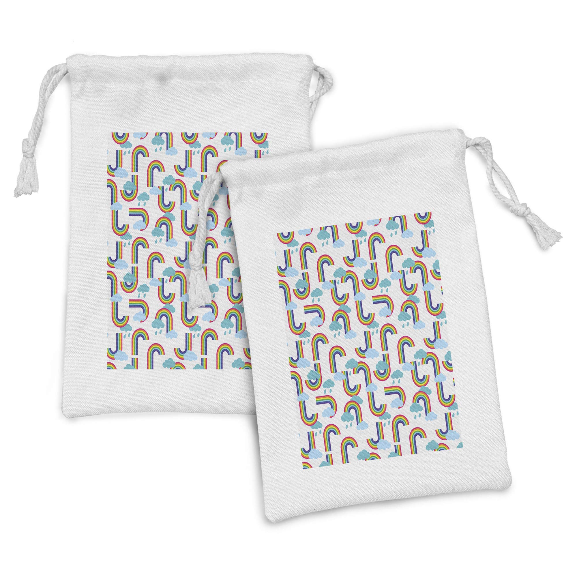 Ambesonne Cartoon Fabric Pouch Set of 2 - Rainbow & Clouds Themed Drawstring Bags for Toiletries, Masks & Party Favors (9