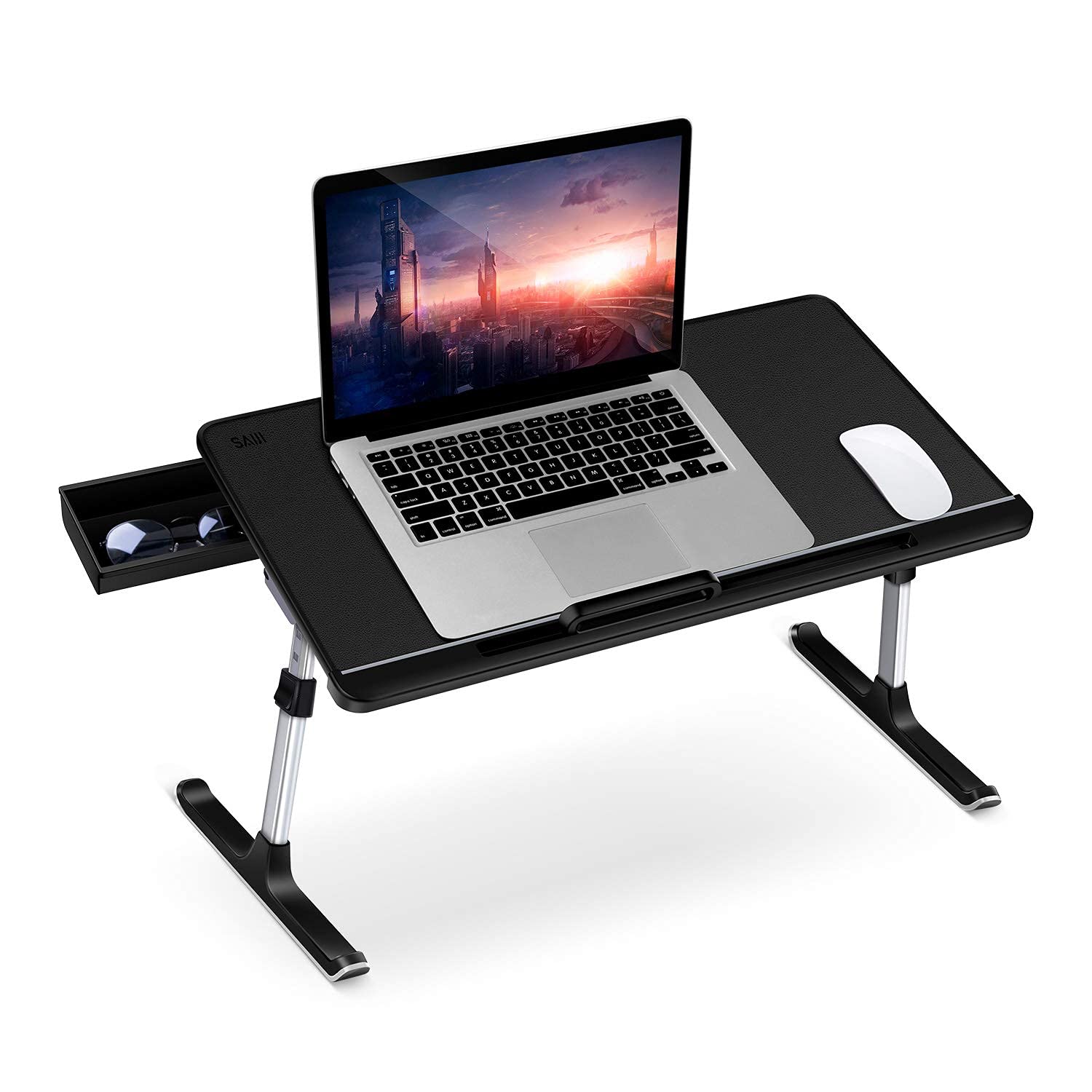 SAIJI Adjustable Laptop Bed Tray Desk - Foldable Portable Lap Desk with Storage Drawer, PVC Leather Surface, Ergonomic Laptop Stand for Sofa, Couch, Bed & Floor Use (Large Size, Gray & Black) - Perfect for Home Office, Remote Work & Relaxing in Bed