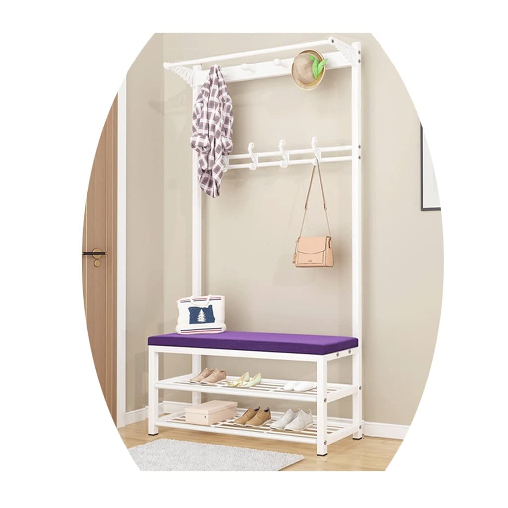 4-in-1 Industrial Coat Rack Shoe Bench with Storage Shelves & Hooks - White Purple Hall Tree Entryway Furniture (60x33x170cm) for Living Room, Bedroom & Mudroom Organization