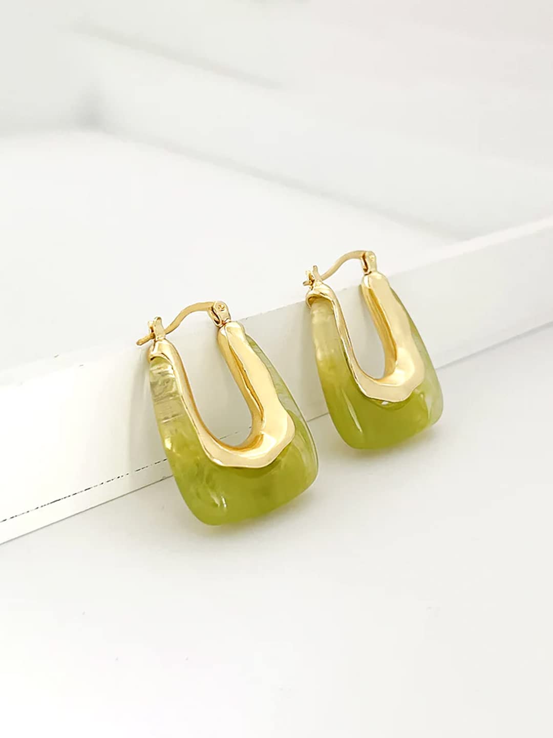 Fashionable Yellow and Green Hoop Earrings for Women - Gold Plated Geometric Bali Hinged Tube Hoops | Trendy Statement Jewelry for Girls & Women | Perfect Birthday, Anniversary Gift for Wife, Girlfriend, Mom | Great for Parties, Date Nights, Office Wear