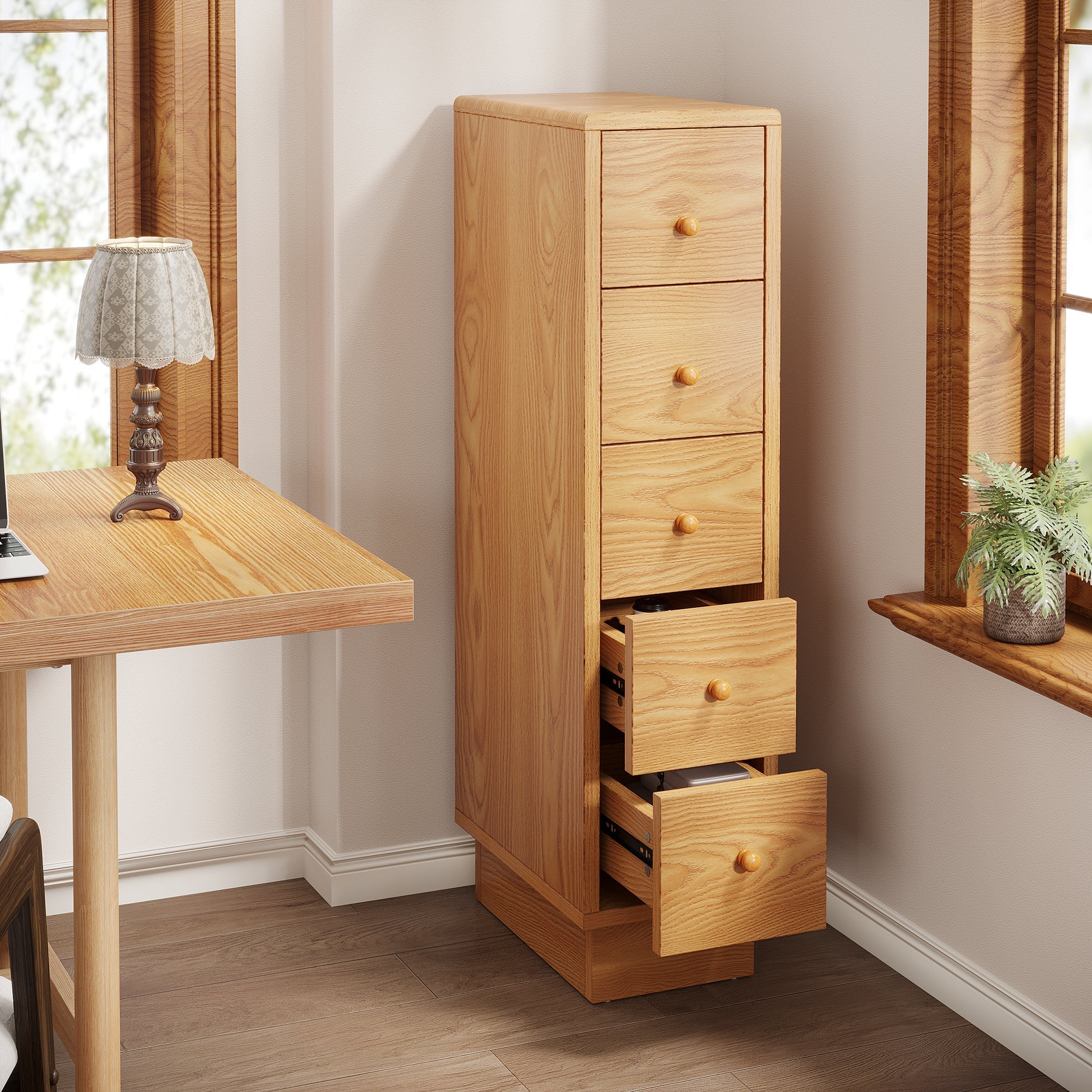 5 Drawer Wooden Chest - Narrow Dresser with Storage Drawers for Bedroom, Living Room & Office Organization