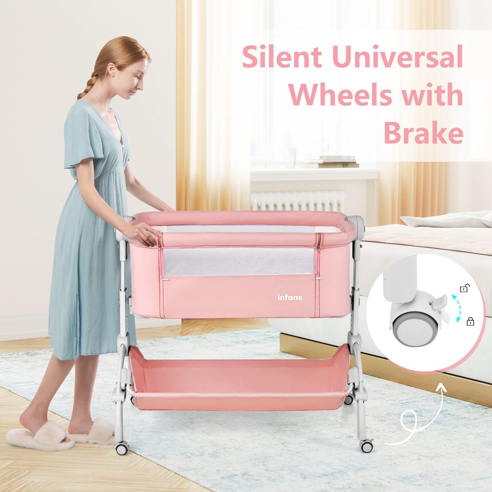 INFANS 3-in-1 Baby Bassinet & Bedside Sleeper with Adjustable Height - Portable Rocking Cradle for Newborns, Includes Wheels, Storage Basket & Travel Bag - Perfect for Nursery, Bedroom & Travel (Coral)