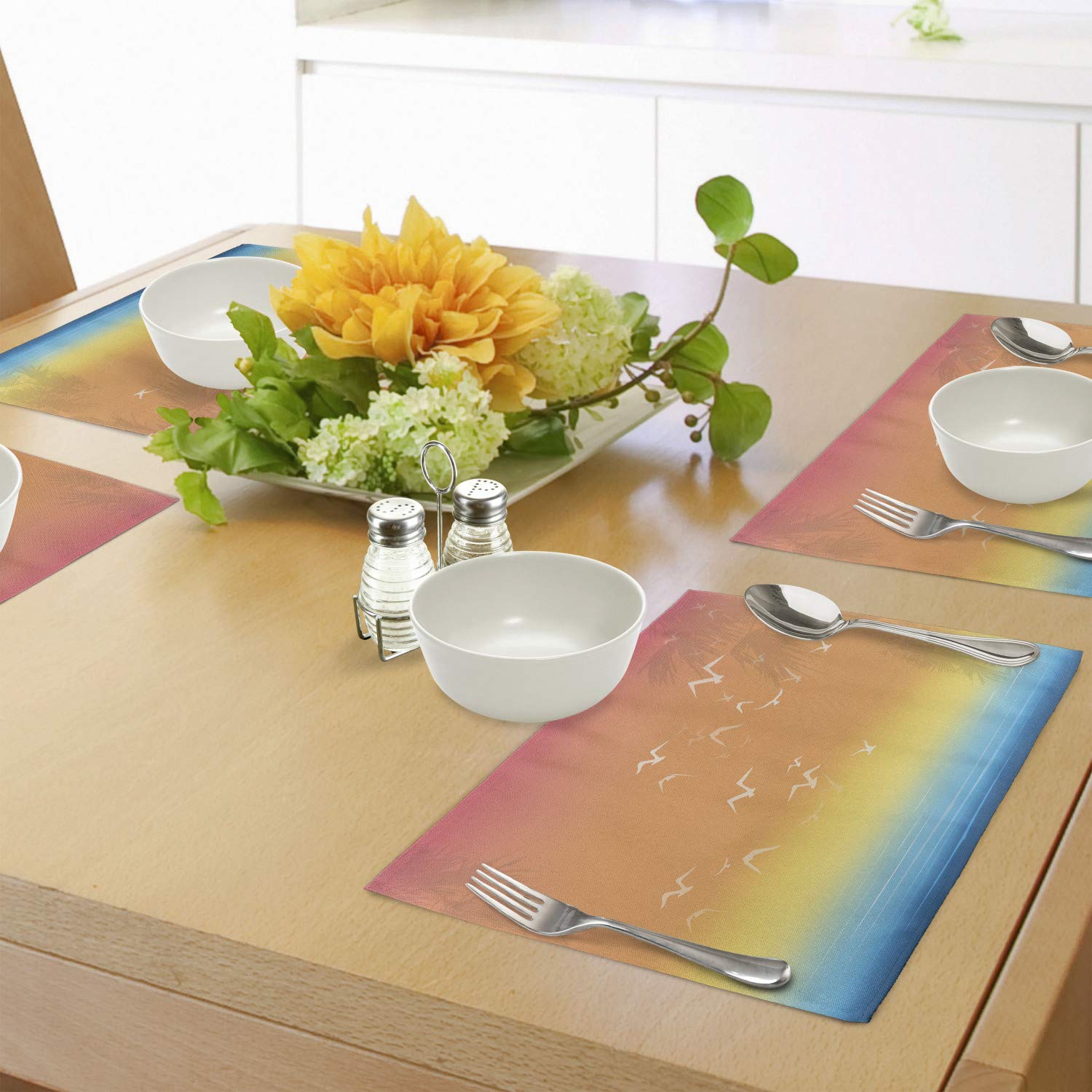 Ambesonne Seagulls Place Mats Set of 4 - Tropical Island Sunset Print with Palm Trees & Flying Birds - Washable Fabric Placemats for Dining Table & Kitchen Decor - Perfect for Beach House, Coastal Theme & Summer Entertaining