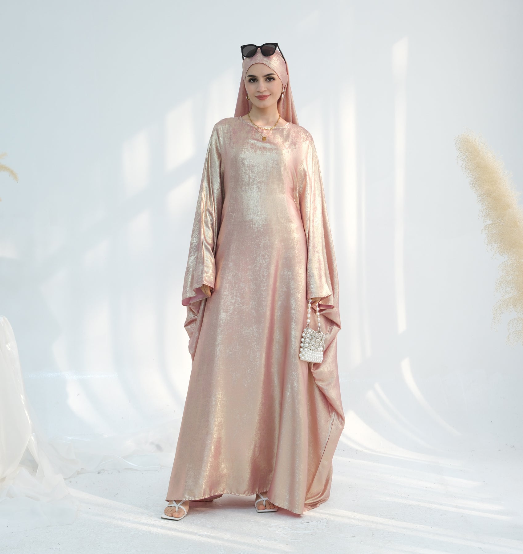Linora Shimmer Butterfly Abaya Peach - Elegant Islamic Prayer Dress for Women | Perfect for Eid, Ramadan & Special Occasions