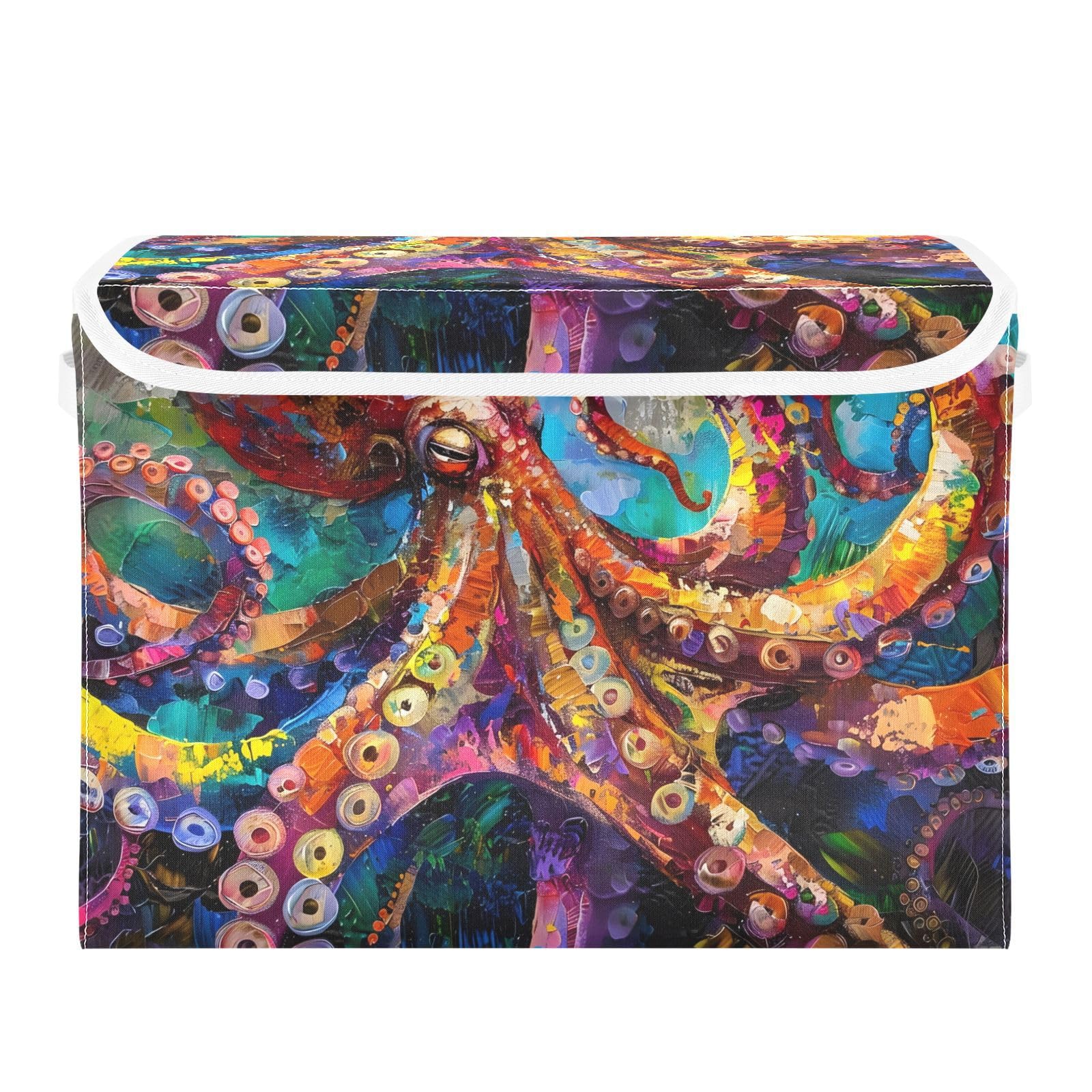 Colorful Marine Animal Collapsible Fabric Storage Bins with Lids & Handles - 16.5×12.6×11.8 Inch Foldable Storage Cubes for Bedroom, Closet, Office & Kids' Room Organization