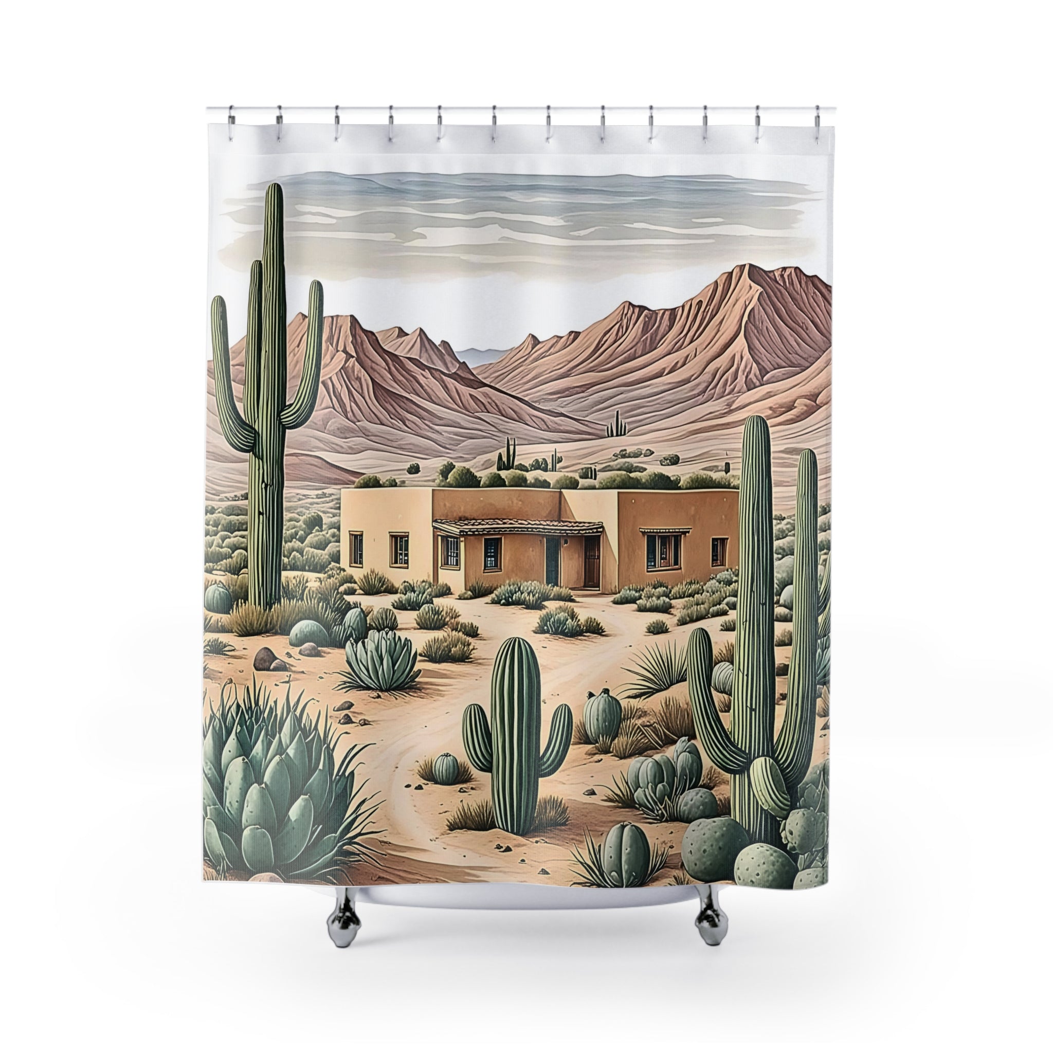 Scenic Desert Shower Curtain with Cactus & Adobe Design - Southwestern Bathroom Decor for Boho & Rustic Western Style - Perfect for Desert-Themed Bathrooms & Southwest Home Decor
