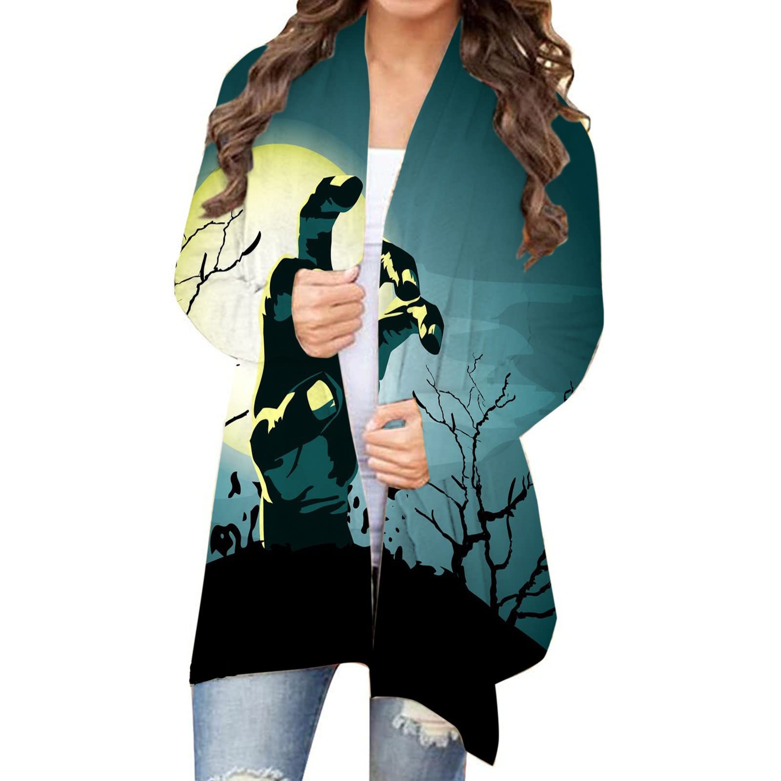 Sexy Halloween Costume for Women - Fishnet Long Sleeve Printed Cardigan Sweater Jacket | Party Outfit, Cosplay, Halloween Dress Up