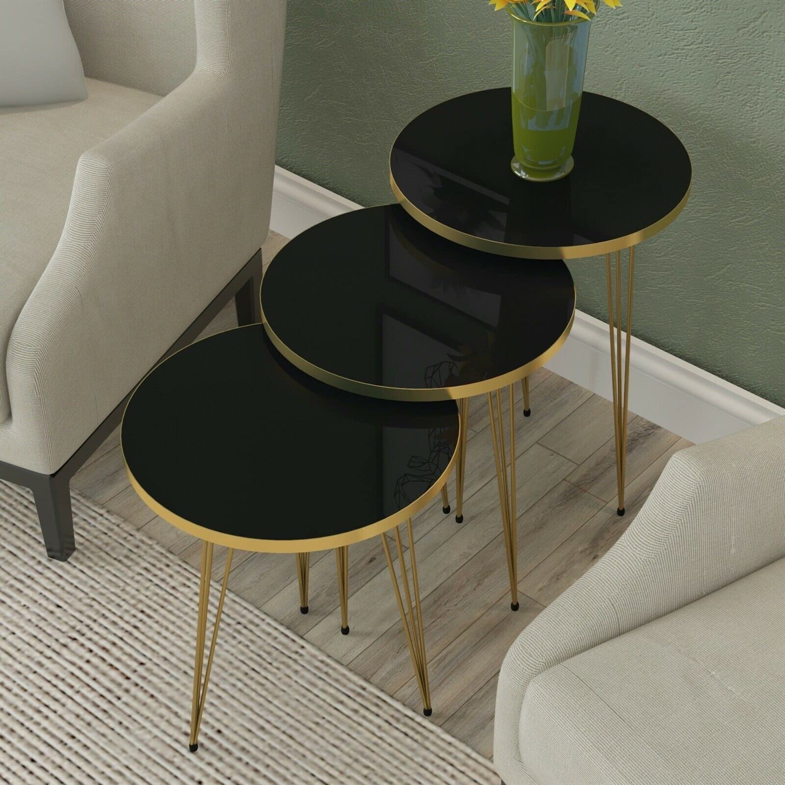 3-Piece Round Nesting Coffee Table Set - High Gloss Wood Stacking End Tables for Living Room (Black) | Modern Space-Saving Side Tables for Small Apartments & Lounge Areas