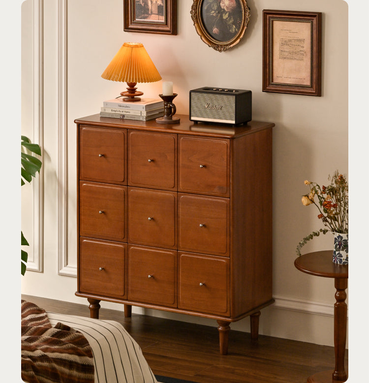 Vintage French Retro 9-Drawer Solid Poplar Wood Cabinet - Elegant Storage for Bedroom, Living Room & Office