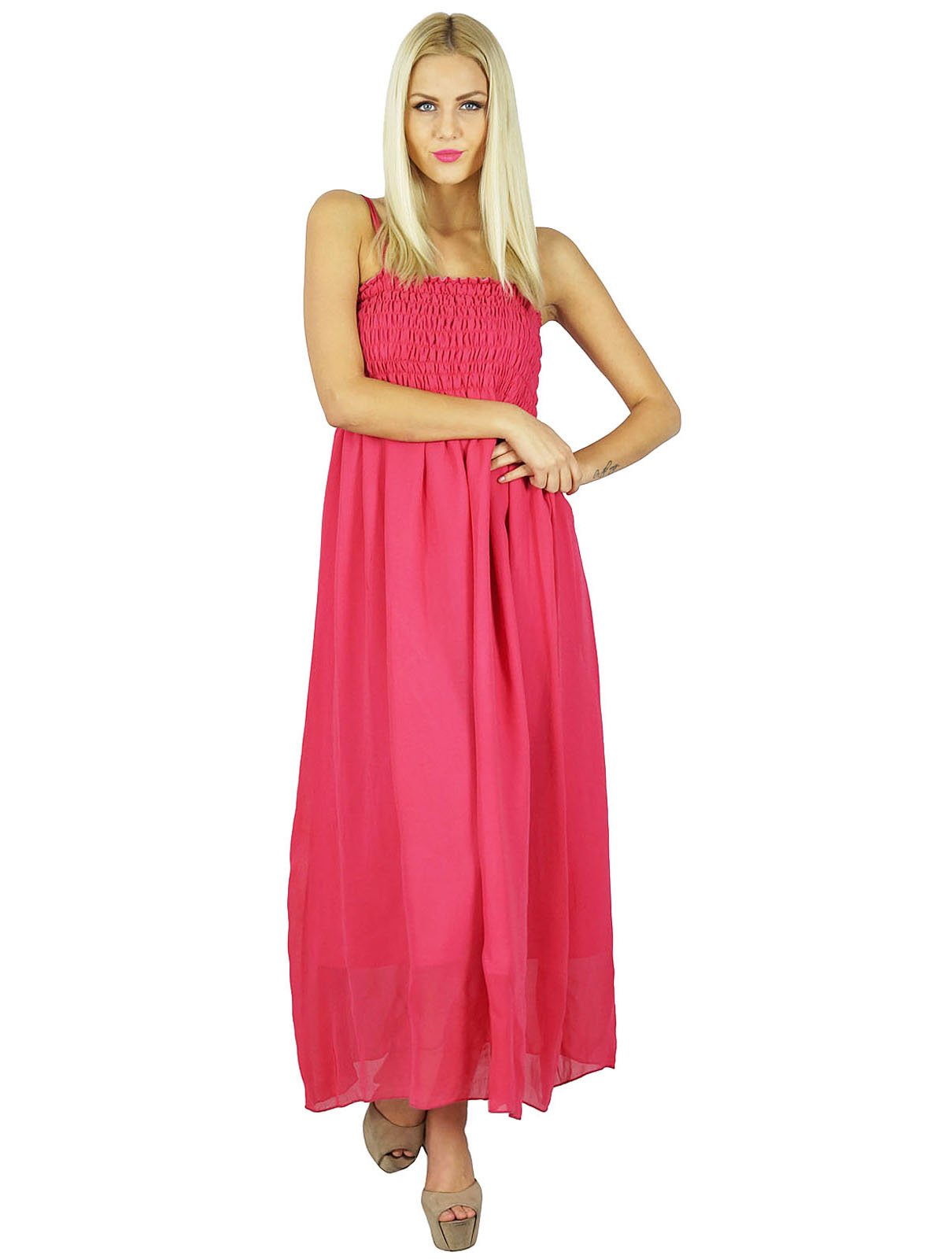 Bimba Women's Long Maxi Dress 2 Piece Set - Flowy Georgette Smocked Gown with Ruffle Sleeves - Perfect for Beach Vacation, Summer Party & Boho Wedding