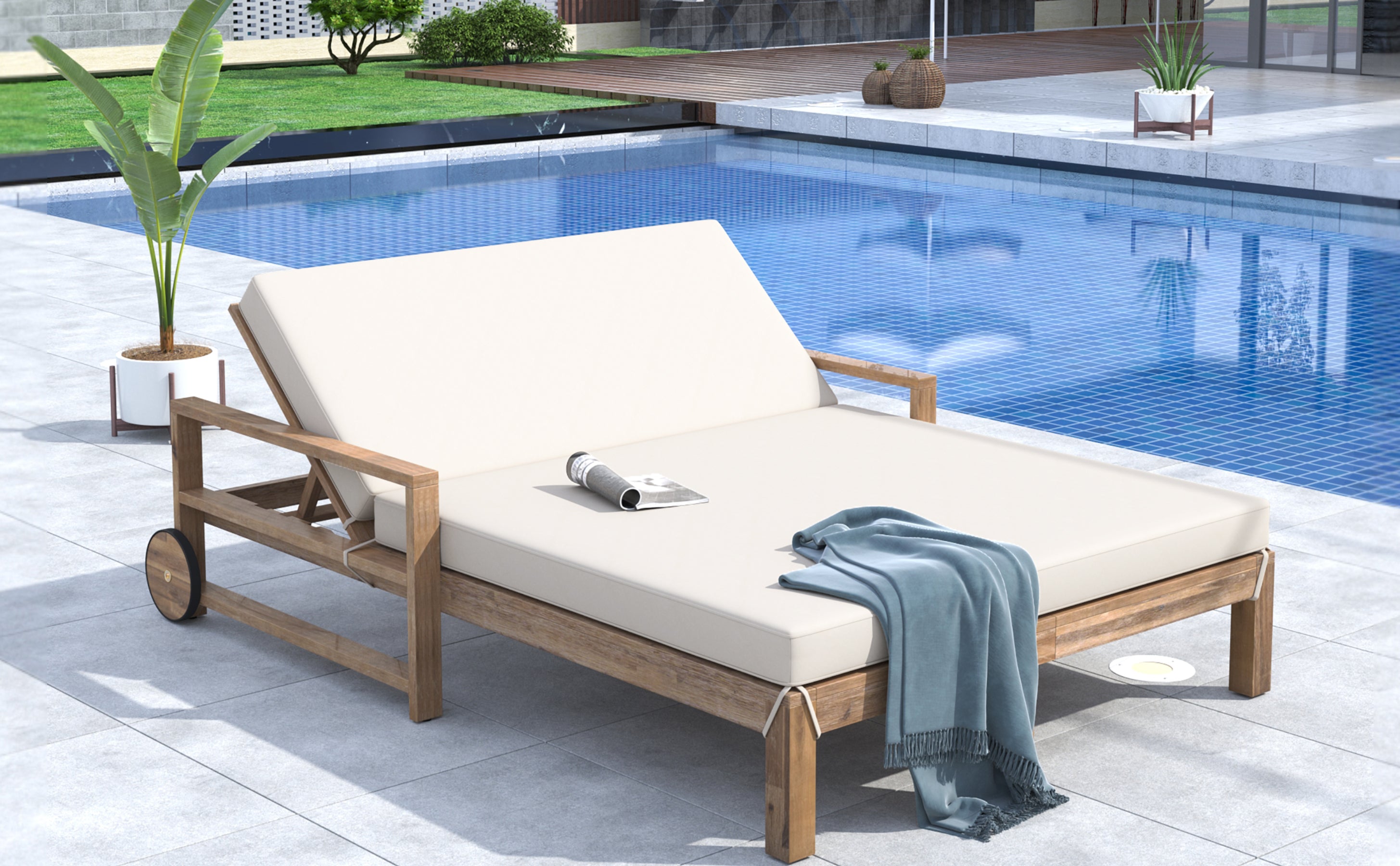 Farmhouse Style Wooden Outdoor Sunbed - 2 Person Daybed for Poolside, Garden & Backyard - Beige Patio Lounge Chair for Relaxing in Sun or Shade