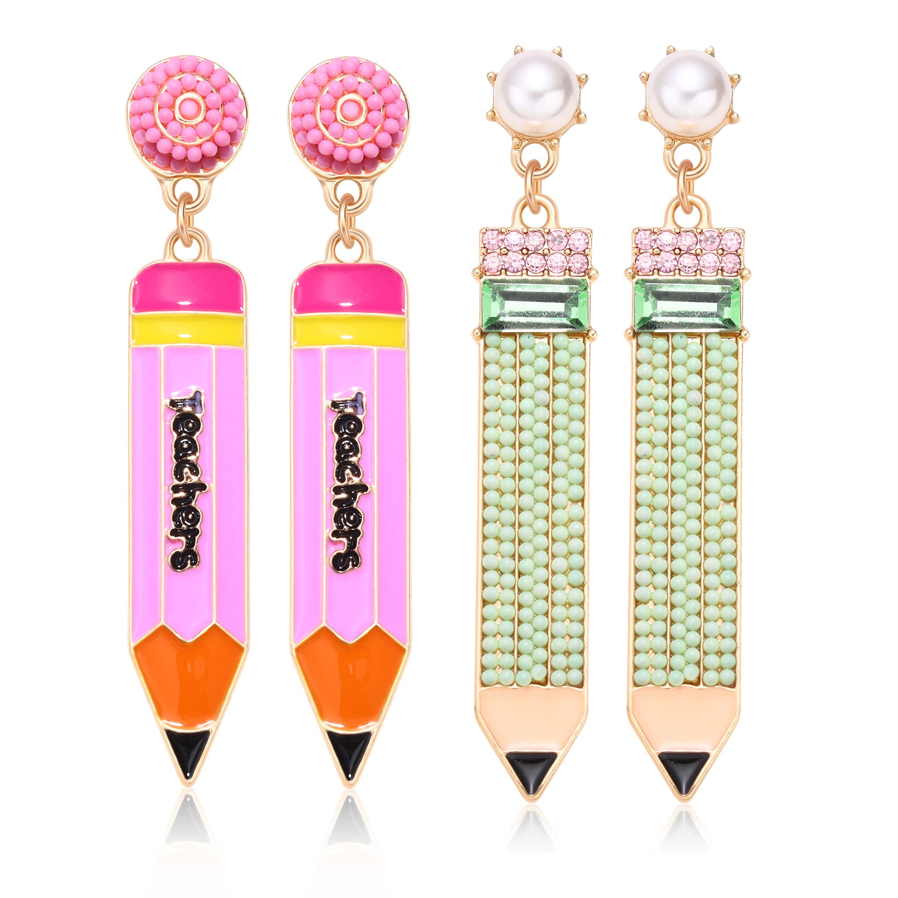 2 Pairs Hypoallergenic Pencil Earrings for Women - Beaded Pearl Teacher Dangle Earrings & Cute Student Stud Drop Earrings - Perfect for Teacher Appreciation Day, Back to School Jewelry Gifts - Great for Classroom, Graduation and School Events
