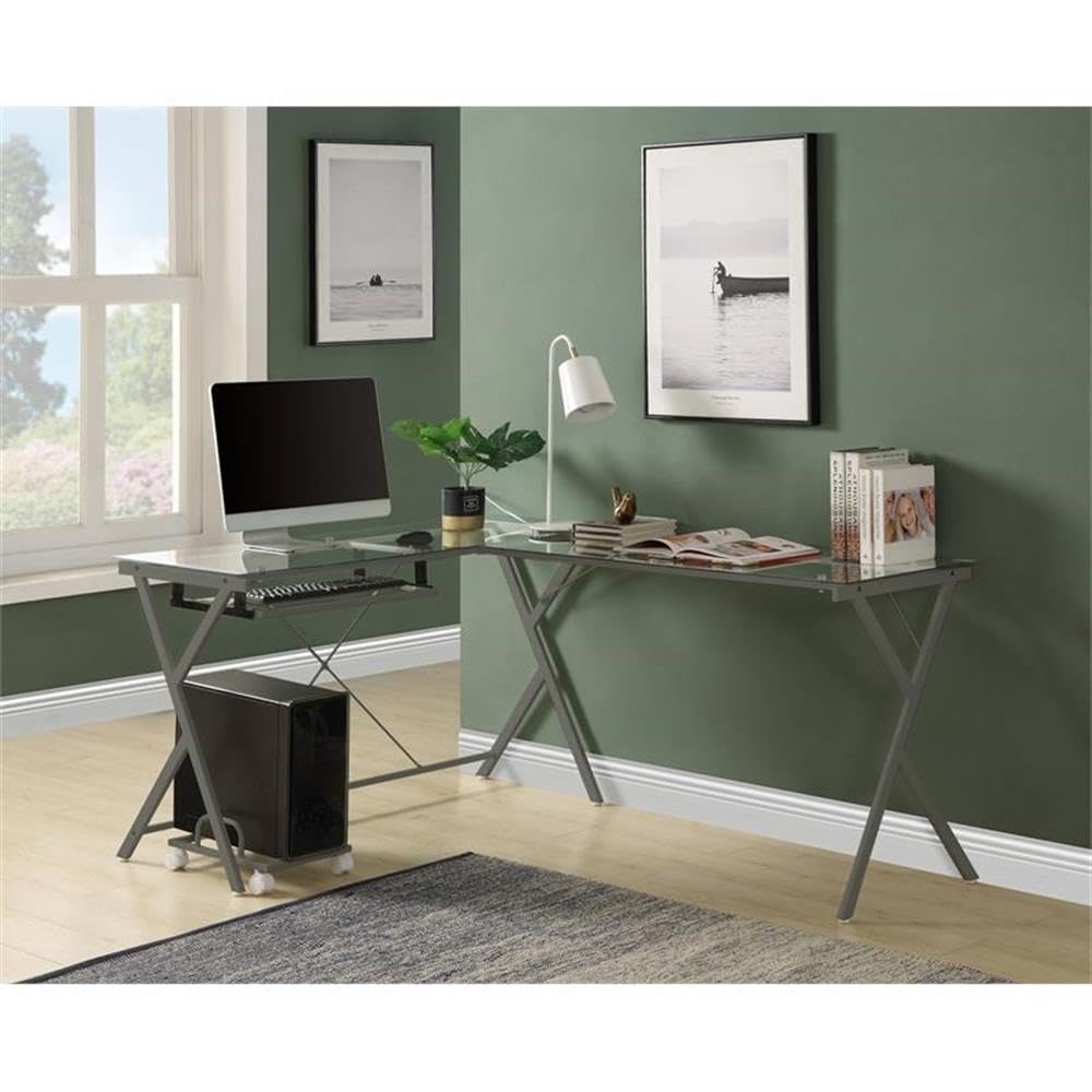 Acme Demas Clear Glass Top Computer Desk with Silver Frame - Modern Home Office Desk with Built-in Computer Holder for Work & Study