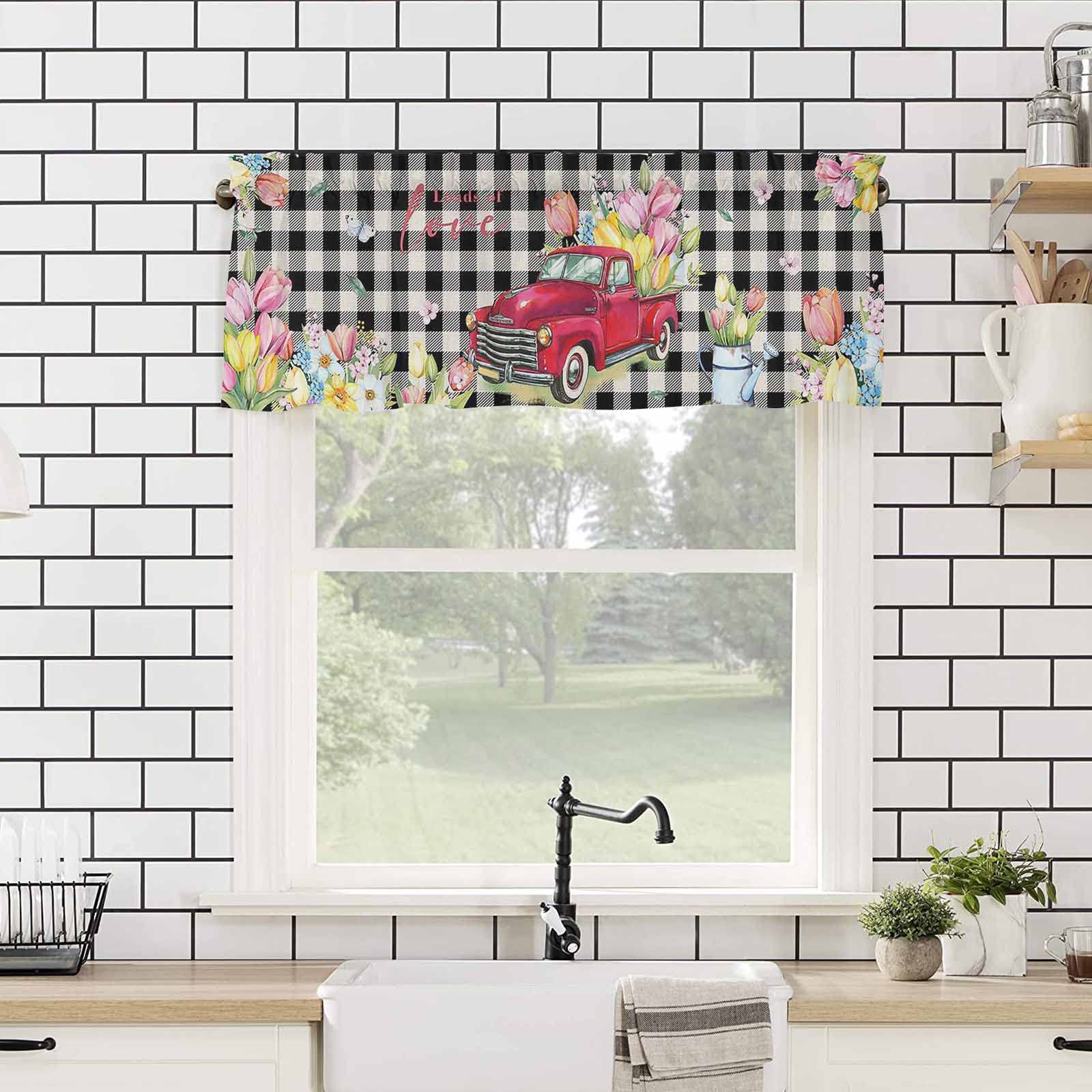 Spring Tulip Floral Rod Pocket Window Valance - Short Curtain Topper for Living Room & Bedroom - Red Truck & Black Plaid Rose Flower Design - Perfect for Cafe, Kitchen & Home Decor