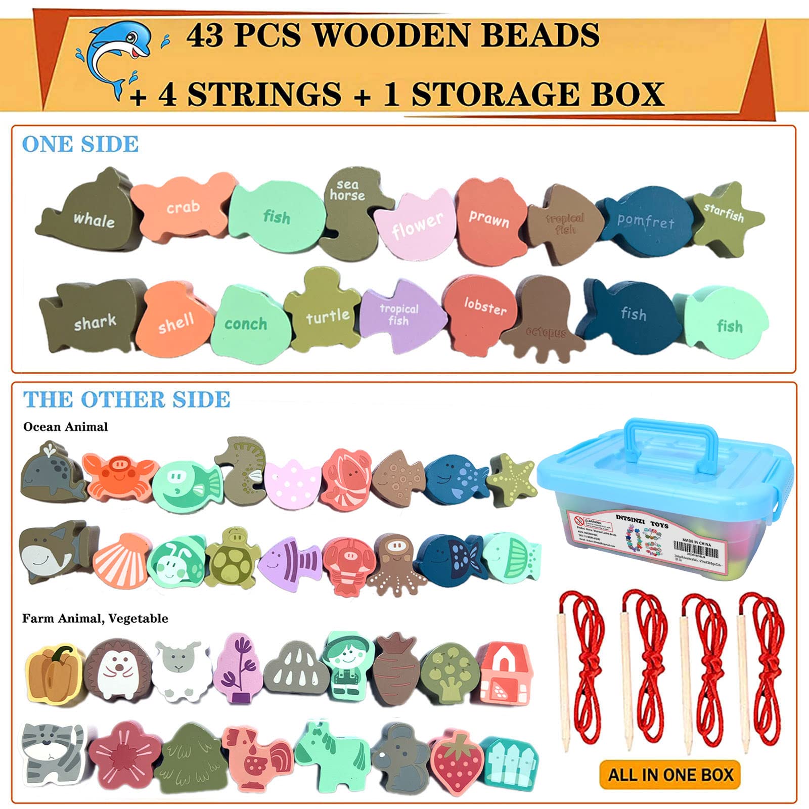 Educational Wooden Threading Beads Toys for Toddlers - 47 PCS Stringing Animals Ocean Farm Lacing Beads, Montessori Fine Motor Skills Toys for Kids Ages 3-6, Perfect for Preschool Learning & Travel Activities