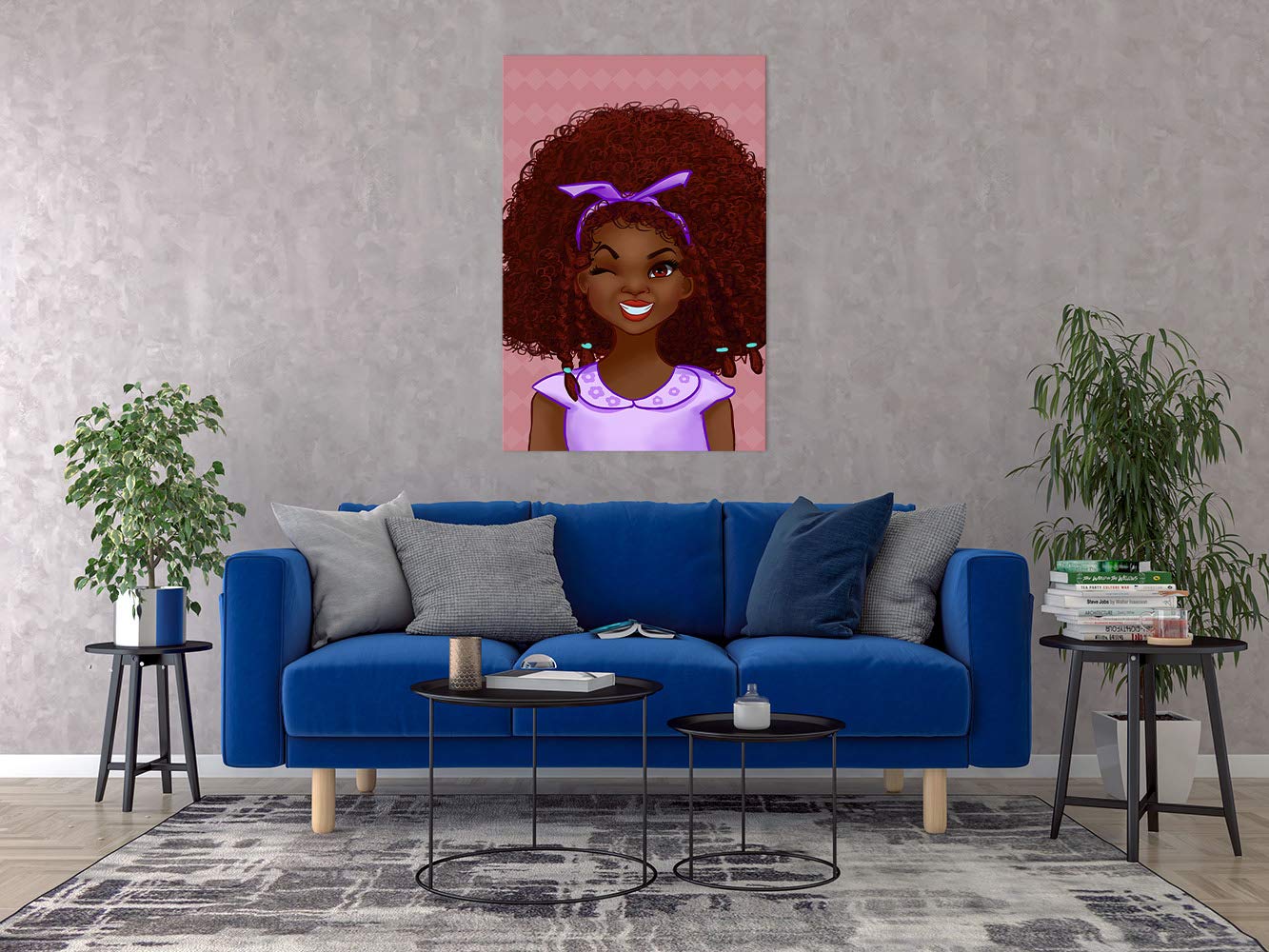 African American Kids Wall Art - Large 1 Panel Black Girl Pink & Grey Painting - Framed Ready to Hang Wall Decor for Living Room & Girls Bedroom - Unique Hippie Style Gift for Home & Office Decor