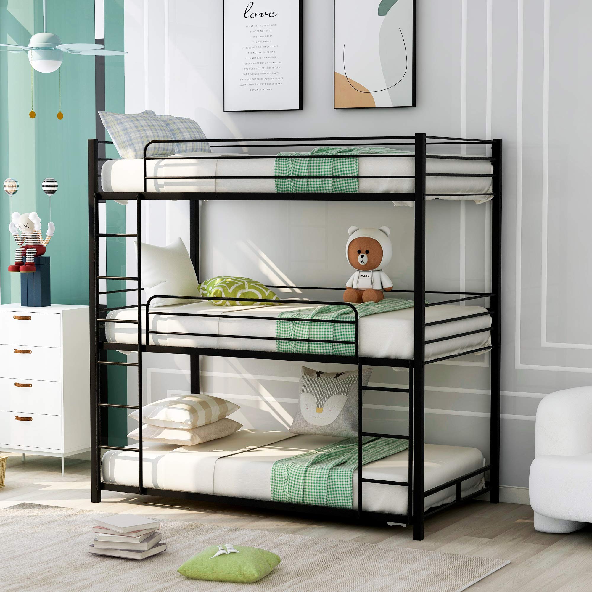 Metal Triple Bunk Beds - Twin Over Twin Over Twin Bunk Bed Frame with Safety Guardrails & Built-in Ladder for Kids & Teens (Black) - Space-Saving Solution for Kids' Bedrooms, Dormitories & Vacation Homes