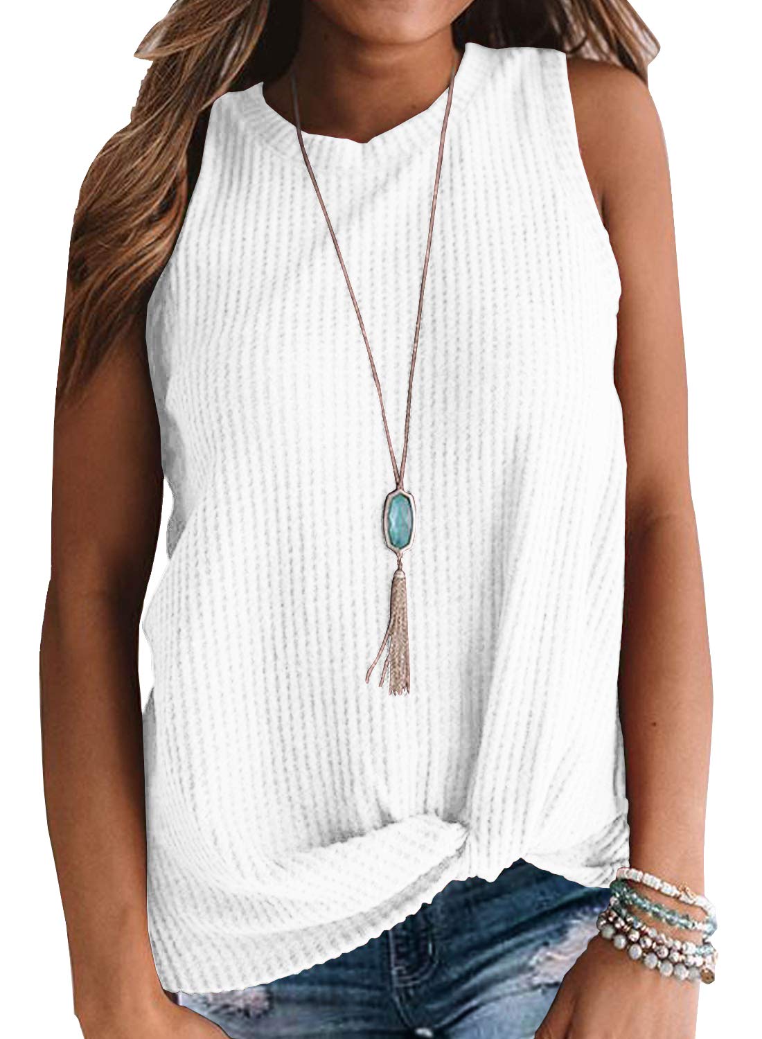 IWOLLENCE Women's Waffle Knit Tank Top - Casual Sleeveless Blouse with Twist Knot Detail | Perfect for Summer Outfits, Beach Wear & Layering