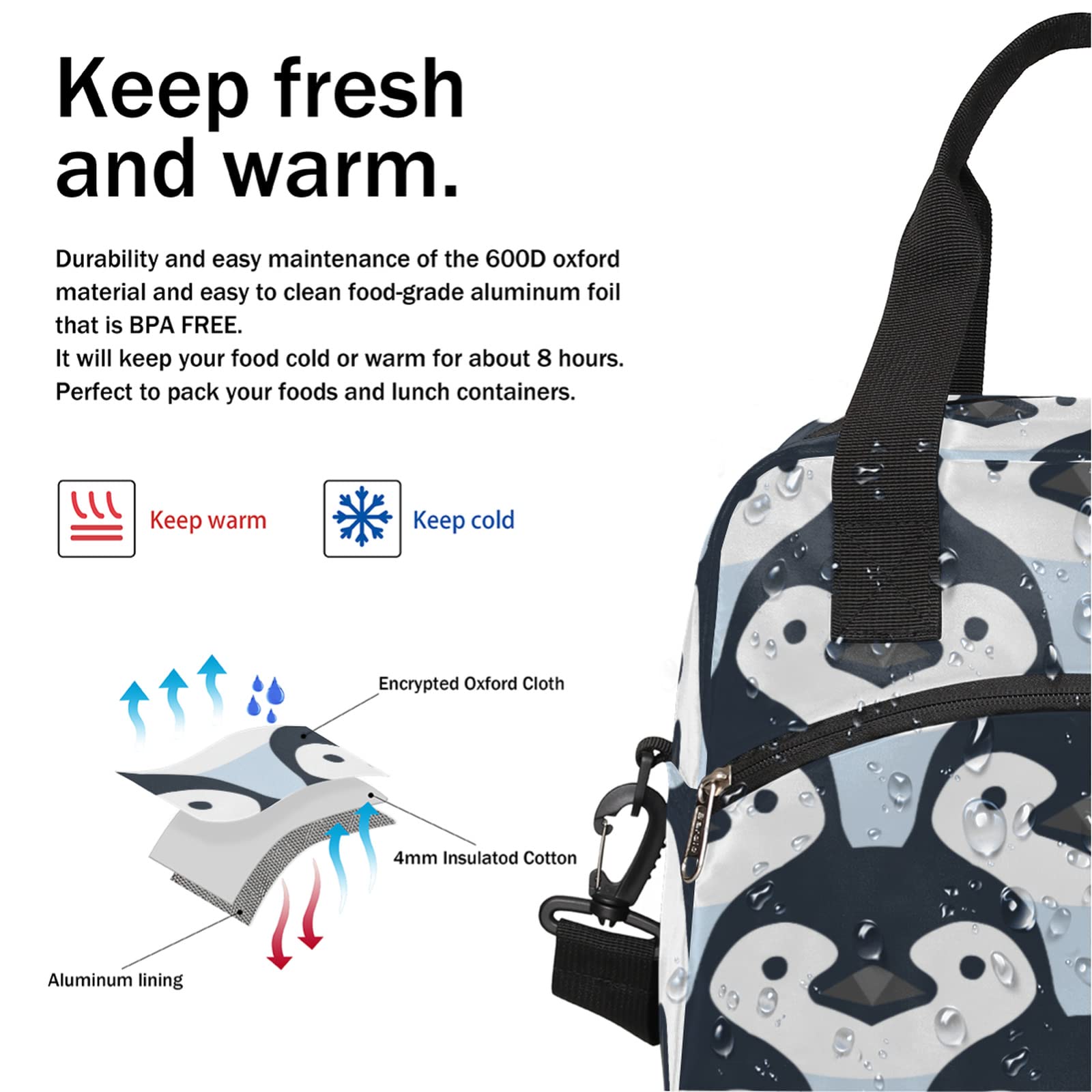 Cute Penguin Insulated Lunch Bag with Front Pocket - Leakproof & Water-resistant Thermal Cooler Tote for Picnic, Hiking, Beach, Work - Includes Adjustable Shoulder Strap for Easy Carrying