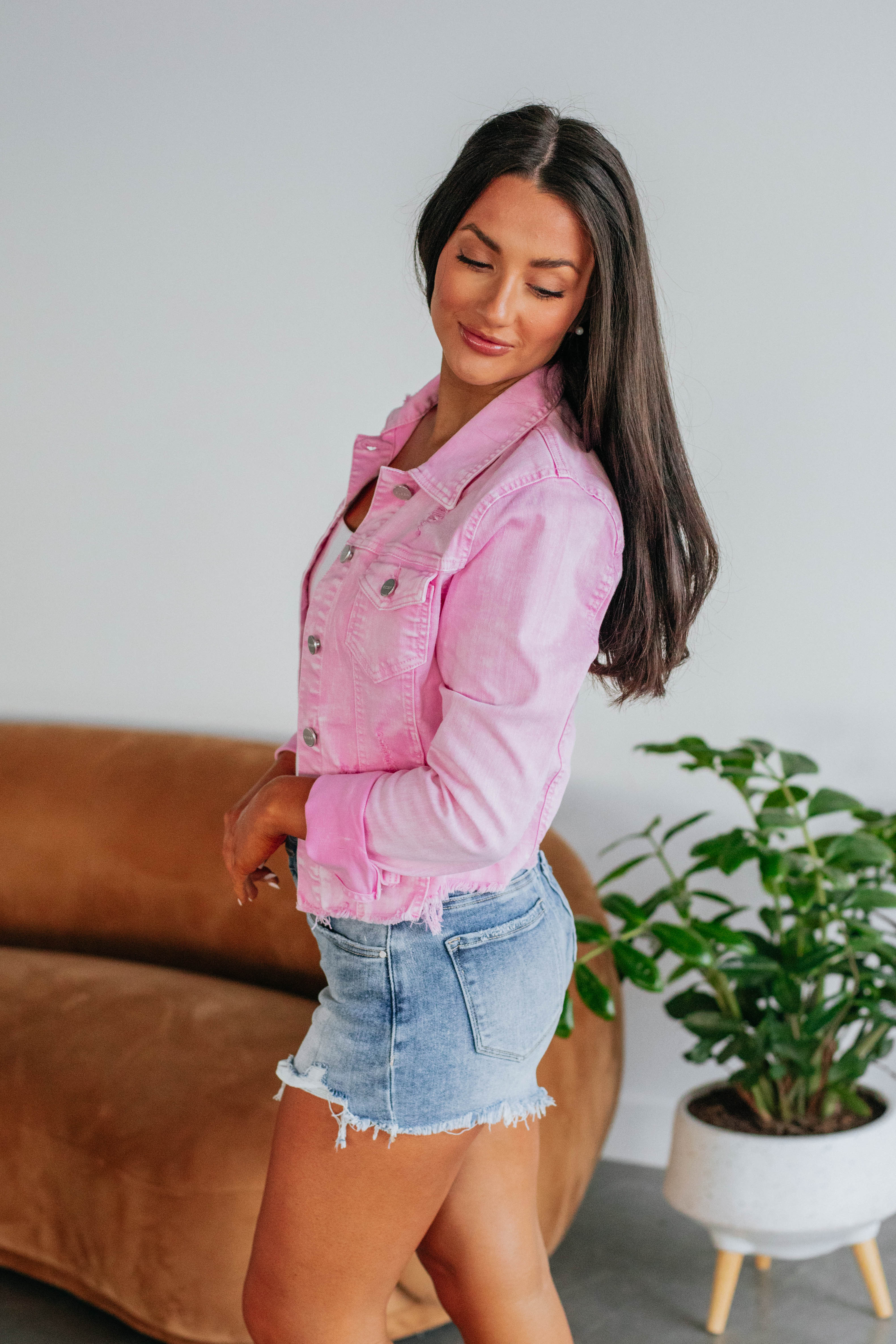 Gemma Risen Acid Pink Denim Jacket for Women - Trendy Distressed Vintage Style - Perfect for Casual Outfits, Streetwear & Spring Fashion