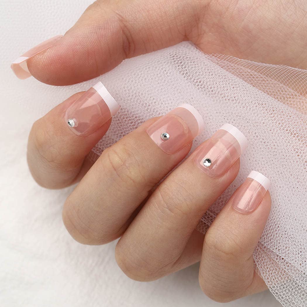 Uranian French Press on Nails - White Short Square Fake Nails with Rhinestones, Transparent Glossy Acrylic Full Cover False Nails for Women & Girls (24pcs) - Perfect for Parties, Weddings, and Special Occasions