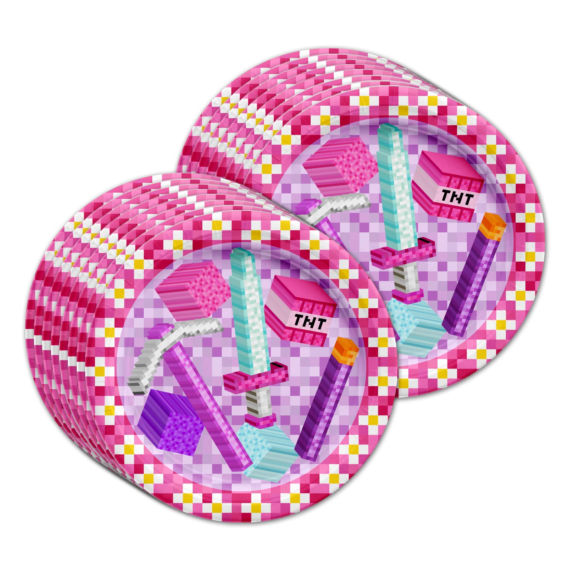 Girl's Pixel Mining Theme Birthday Party Supplies Set - 16-Piece Tableware Kit with Plates, Napkins & Cups - Perfect for Kids' Birthday Celebrations & Themed Parties