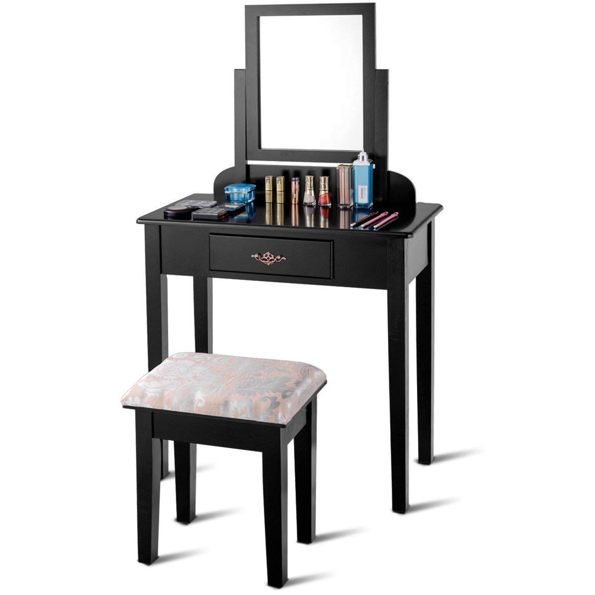 Casart Vanity Dressing Table Stool Set with 360° Rotating Makeup Mirror & Drawers - Solid Wood Legs, Padded Linen Fabric Bench - Perfect for Bedroom Vanity, Makeup Organization & Elegant Home Decor