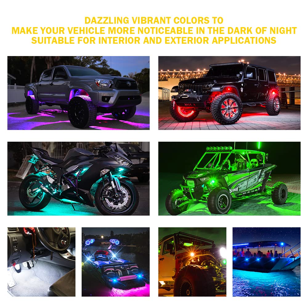 Xprite RGBW LED Rock Lights Kit with Bluetooth & Wireless Remote - 8 Pods Multicolor Underglow Lights for Cars, Trucks, SUVs, UTVs, ATVs, Motorcycles & Boats - Perfect for Off-Roading, Car Shows & Night Cruising