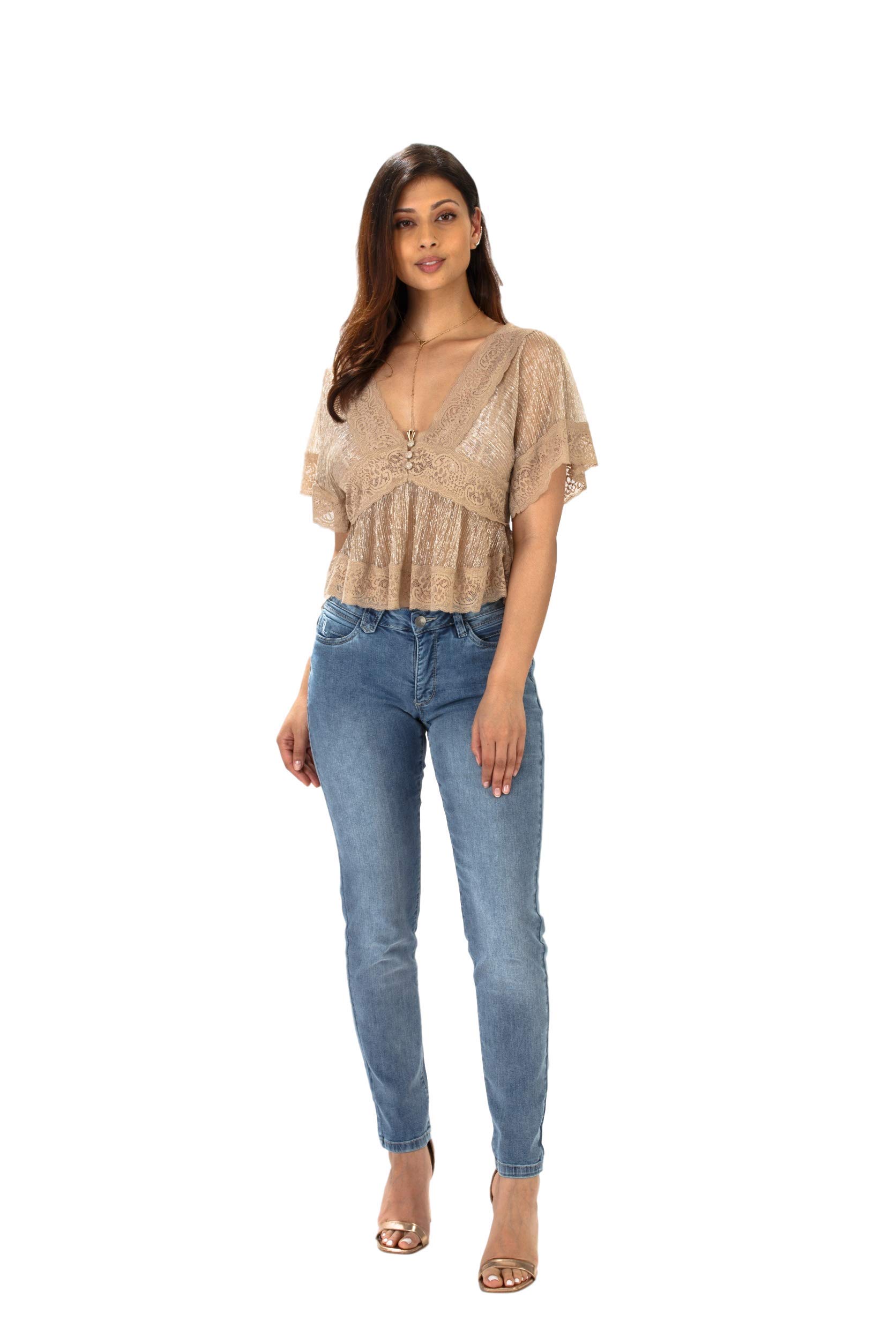 LOTUSLINE Aventika Relaxed Skinny Women's Jeans with Ab Magic Technology - Medium Wash Denim Pants for Casual Wear & Everyday Comfort