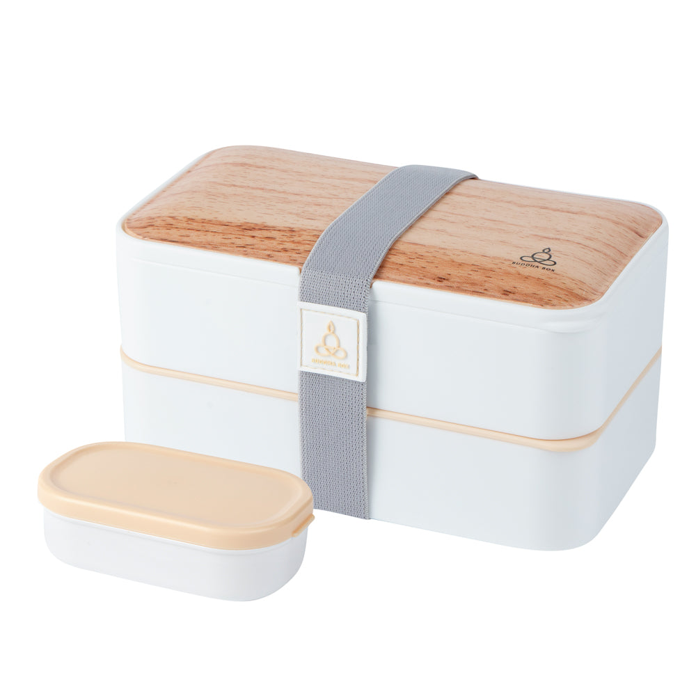 Bento Tek 41 oz Wood Grain & White Buddha Lunch Box with Utensils & Sauce Cup - All-in-One Meal Prep Container (7.25