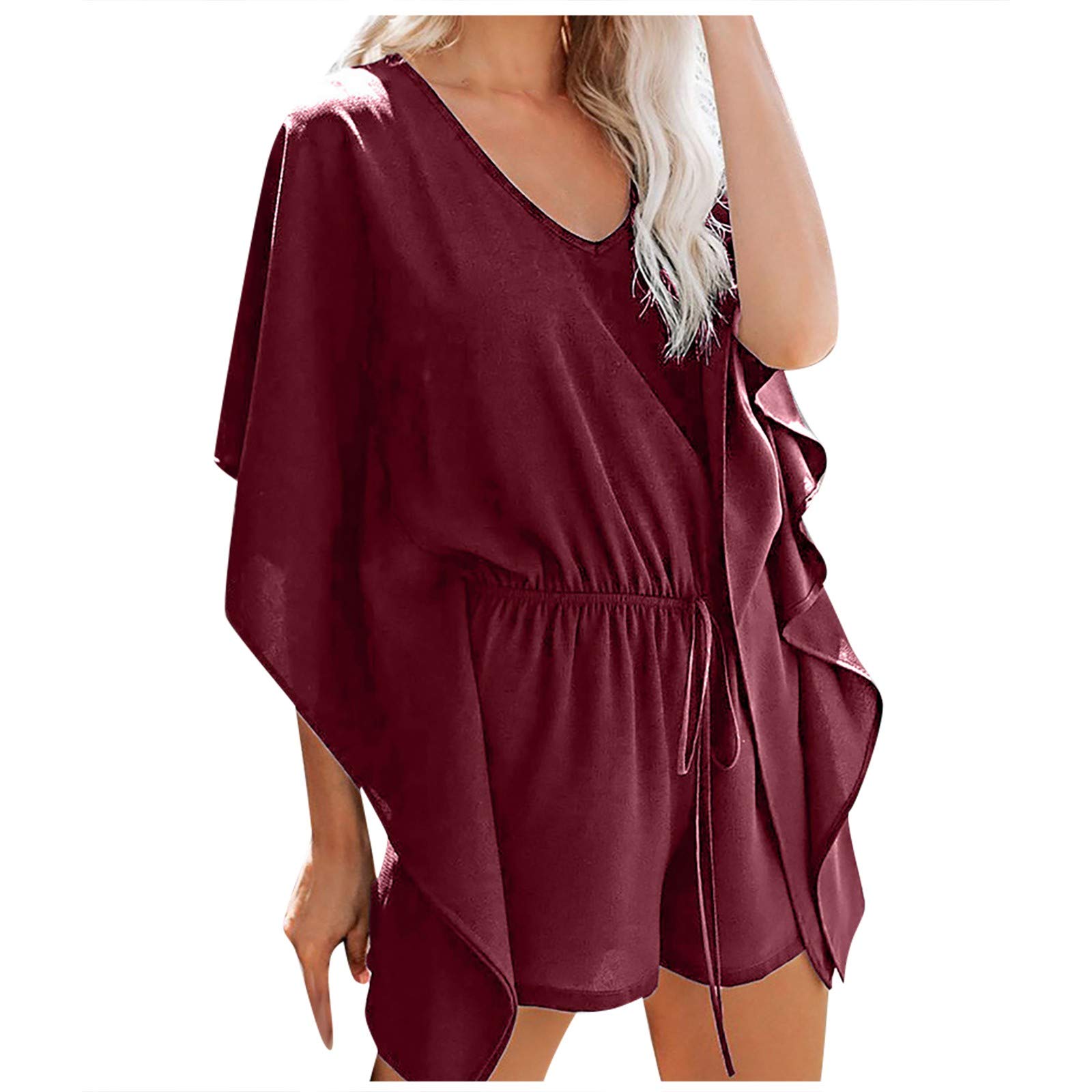 Women's Bowknot Sleeve Solid Shorts Drawstring Jumpsuit - Chiffon Plus Size Romper for Girls & Women (Red, Size L) | Perfect for Summer Outfits, Beach Vacations & Casual Wear