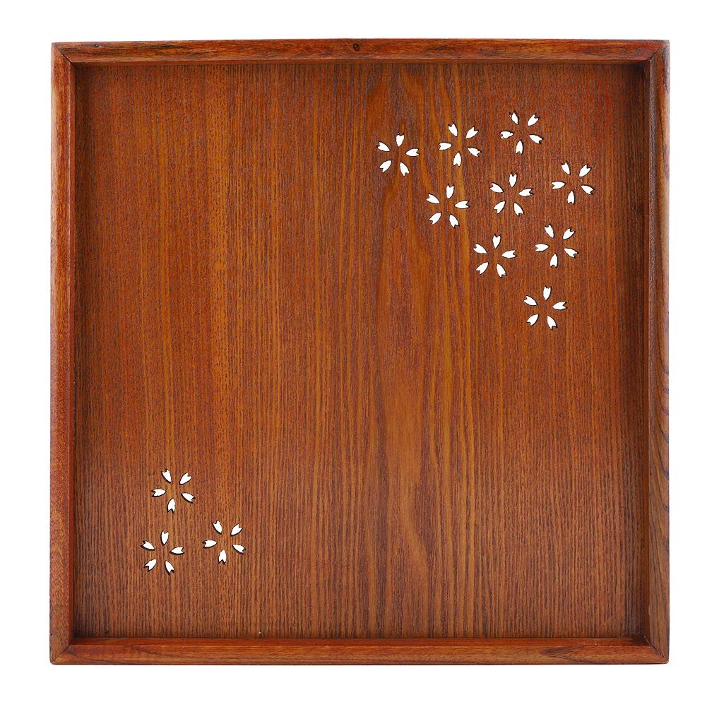 Handcrafted Solid Wood Tea Serving Tray with Elegant Sakura Openwork Design - Perfect for Snacks, Fruits, and Tea Sets (34x34cm) - Ideal for Home, Hotel, and Japanese Tea Ceremonies