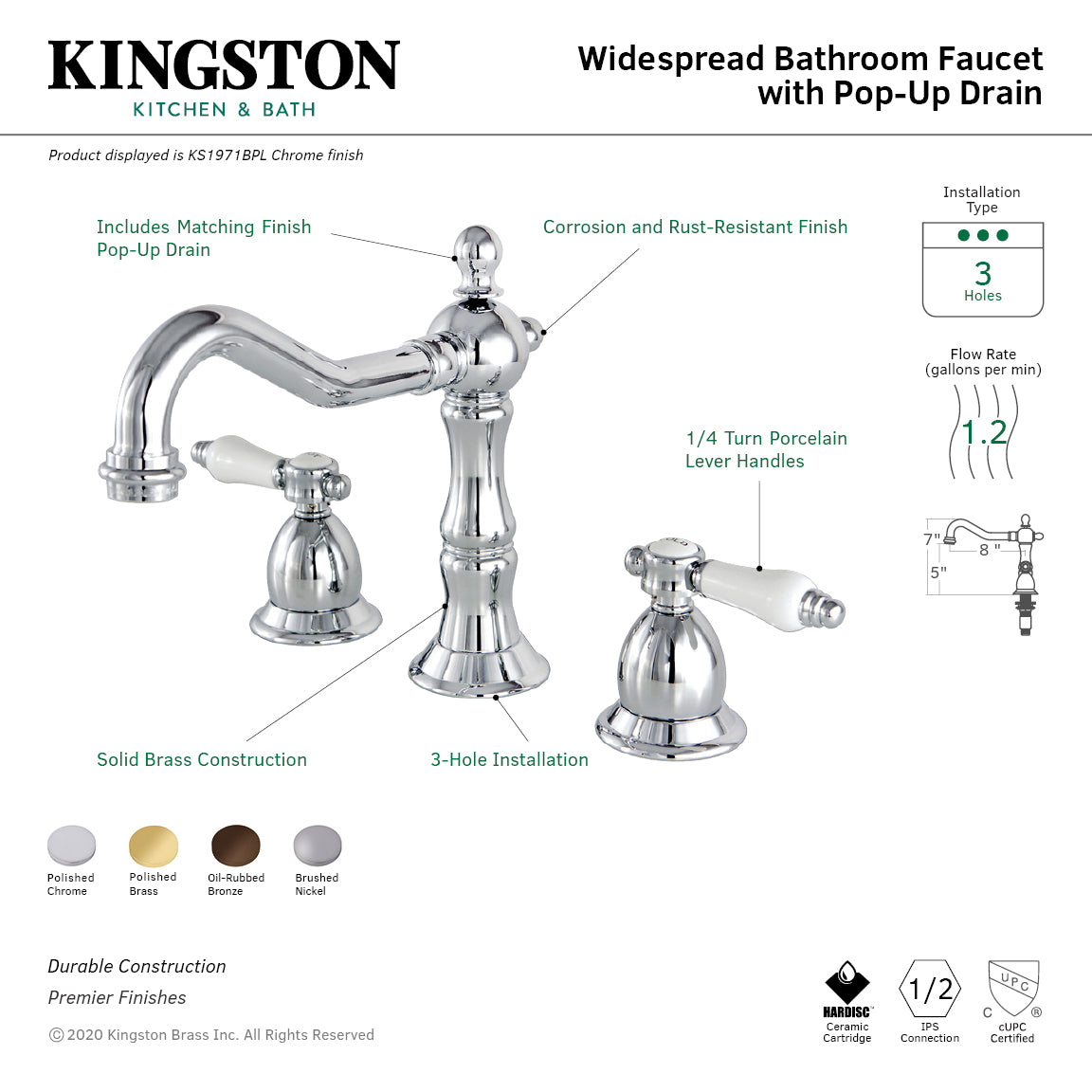 Bel Air KS1975BPL Oil Rubbed Bronze Widespread Bathroom Faucet - 2 Handle 3 Hole Deck Mount with Brass Pop Up Drain - Perfect for Modern Bathroom Vanities and Powder Rooms