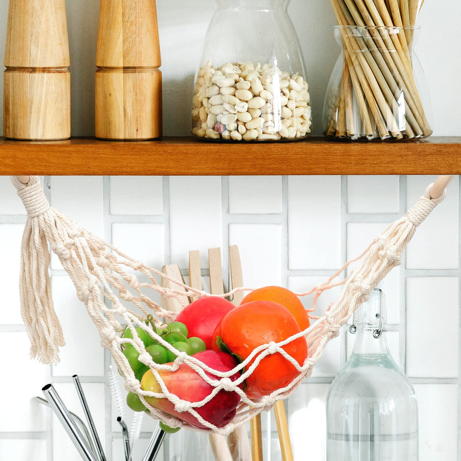 Kichvoe Woven Macrame Hanging Basket for Fruits & Vegetables - Bohemian Cotton Produce Storage Basket for Kitchen, Pantry, or Farmers Market - Perfect for Organizing Fresh Produce in Style