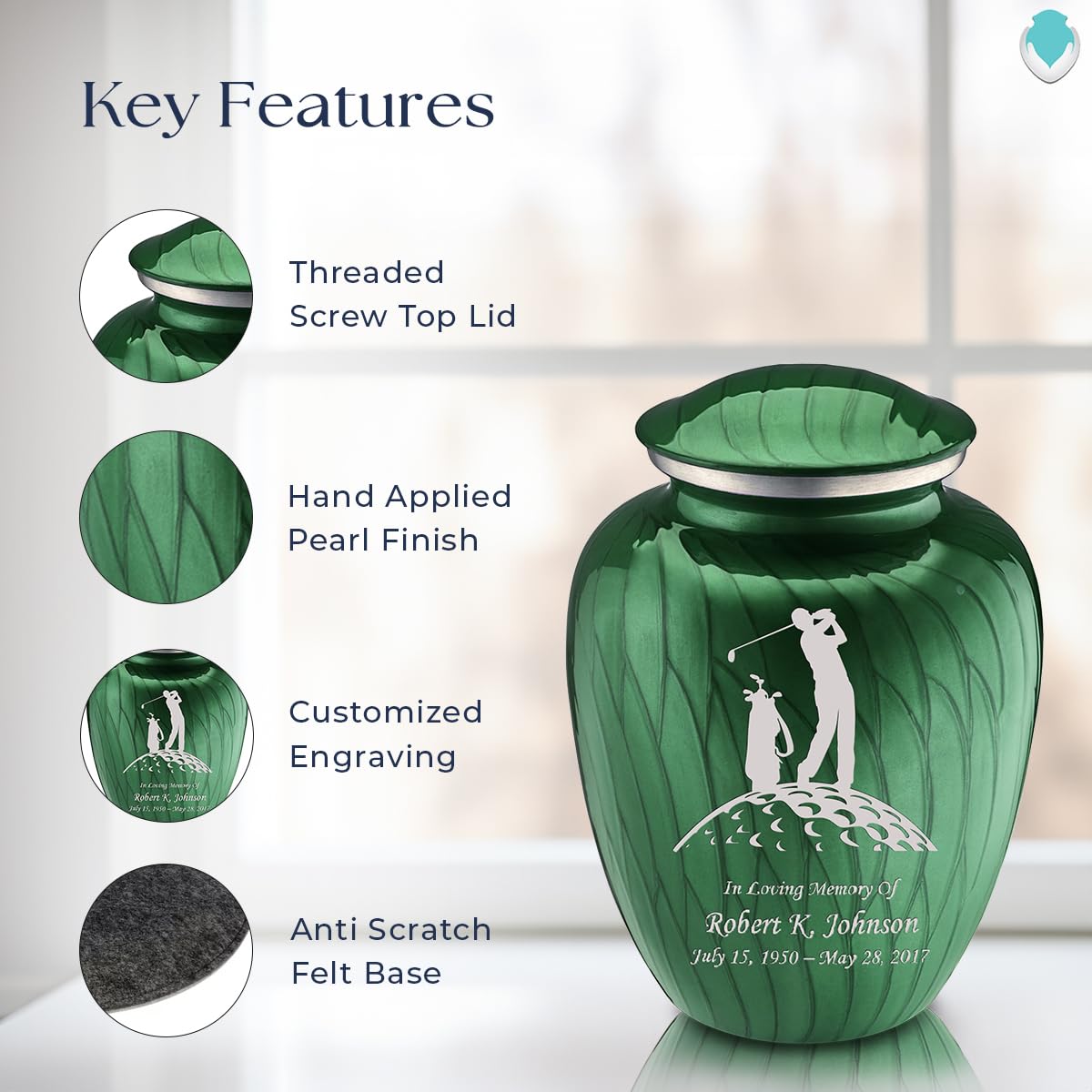 Personalized Golf Cremation Urn for Ashes - Large Pearl Green Funeral Urn for Men & Women with Double-Side Engraving (Holds 200 lbs) - Perfect for Memorials, Golf Enthusiasts & Funeral Services