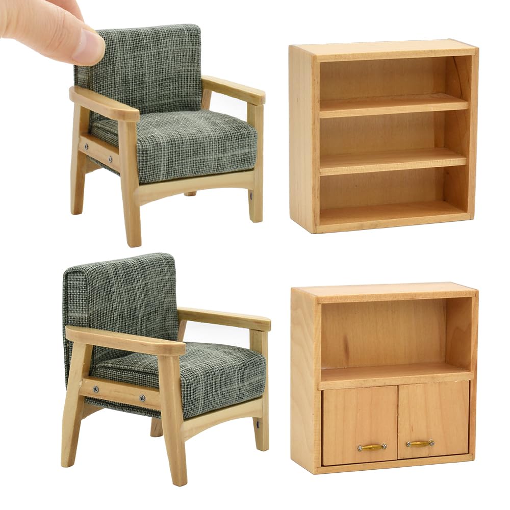 1/12 Scale Miniature Dollhouse Living Room Furniture Set - Forest Green Armchairs & Cabinets for iLAND Dollhouse | Perfect for Doll Collectors, DIY Miniature Projects & Home Decor Displays