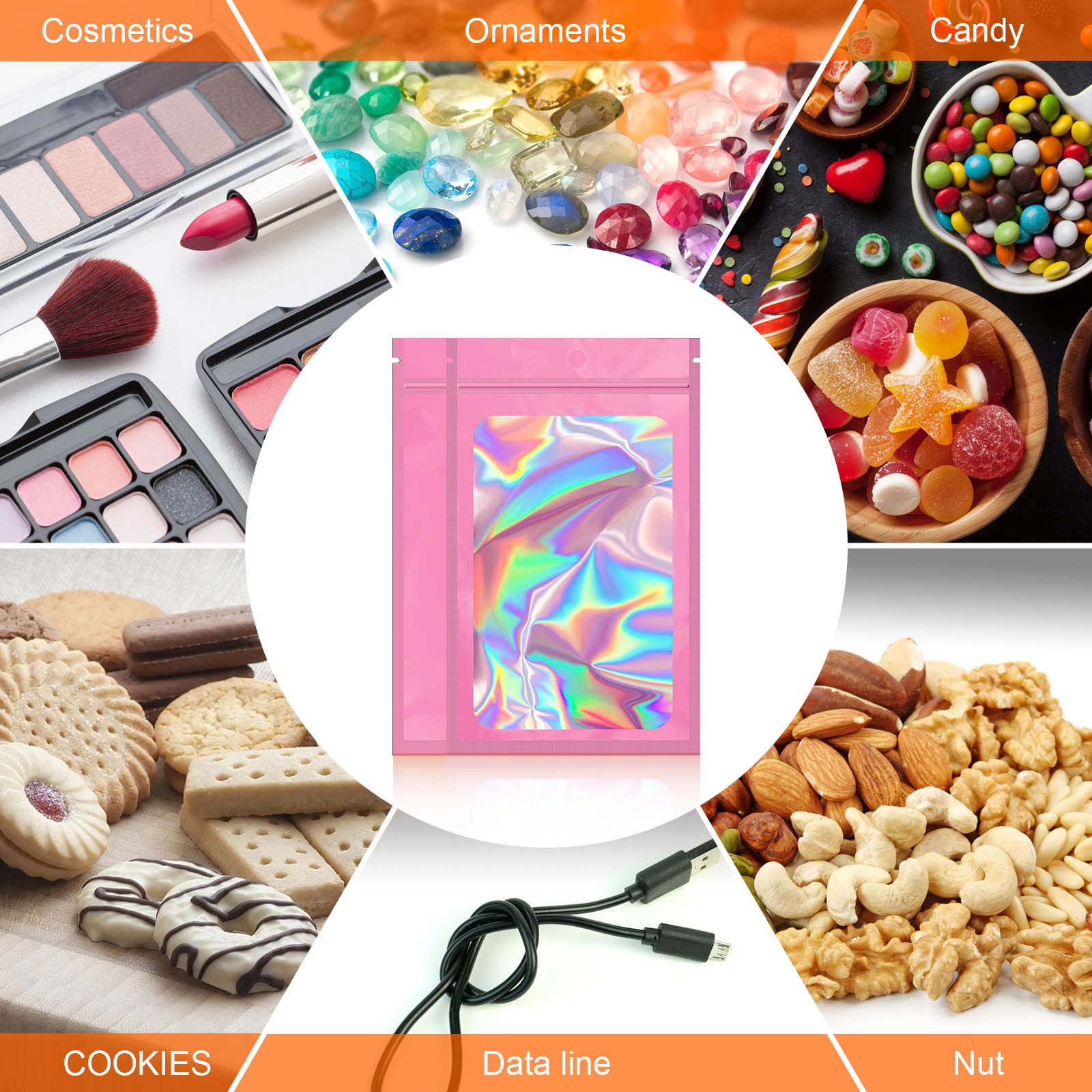 100 Pack Resealable Mylar Bags with Front Window & Holographic Design - 4.1
