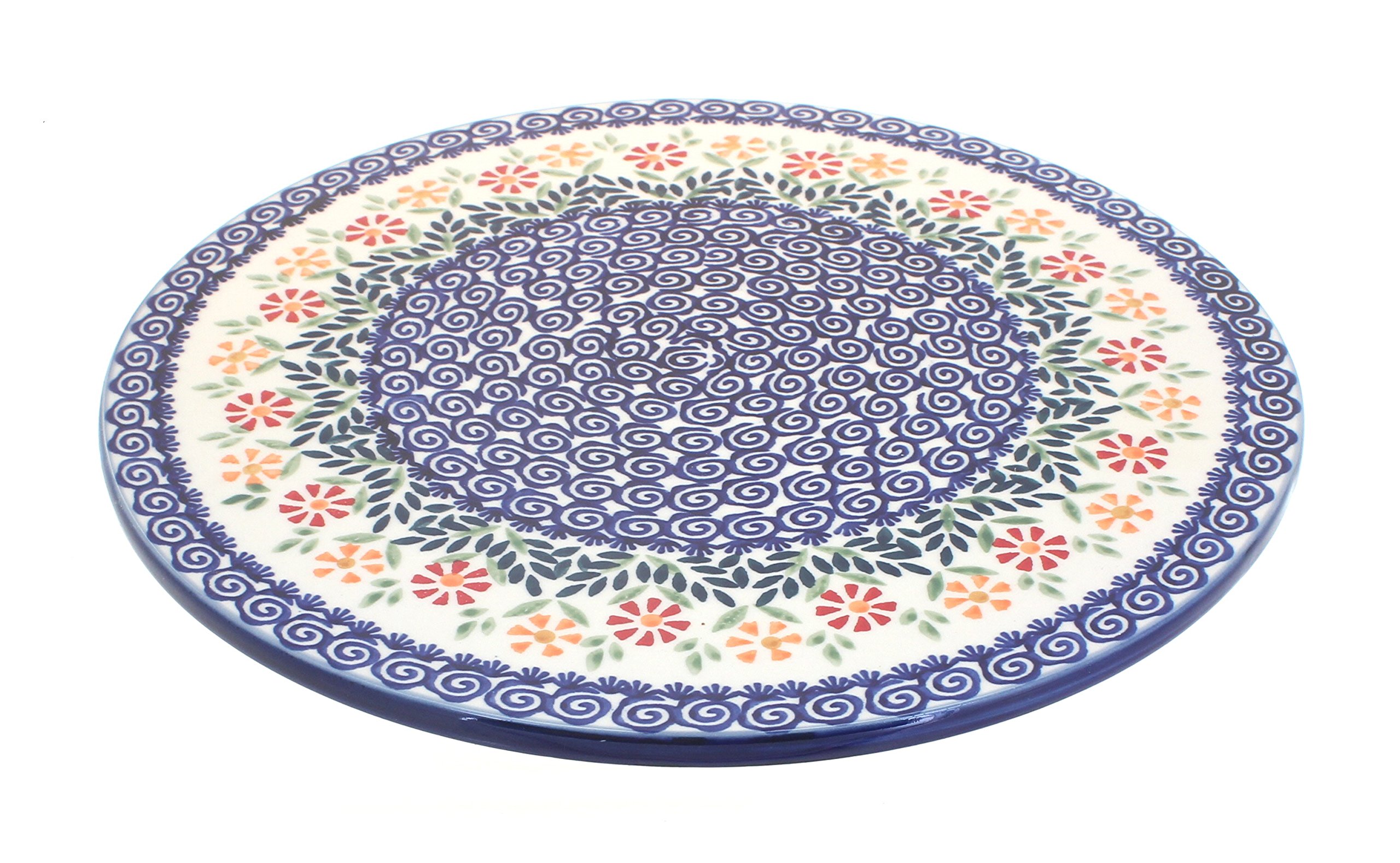 Blue Rose Polish Pottery Garden Bouquet Round Cutting Board - Handmade Ceramic Serving Tray for Cheese, Charcuterie, and Appetizers - Perfect for Kitchen, Dining, and Party Entertaining