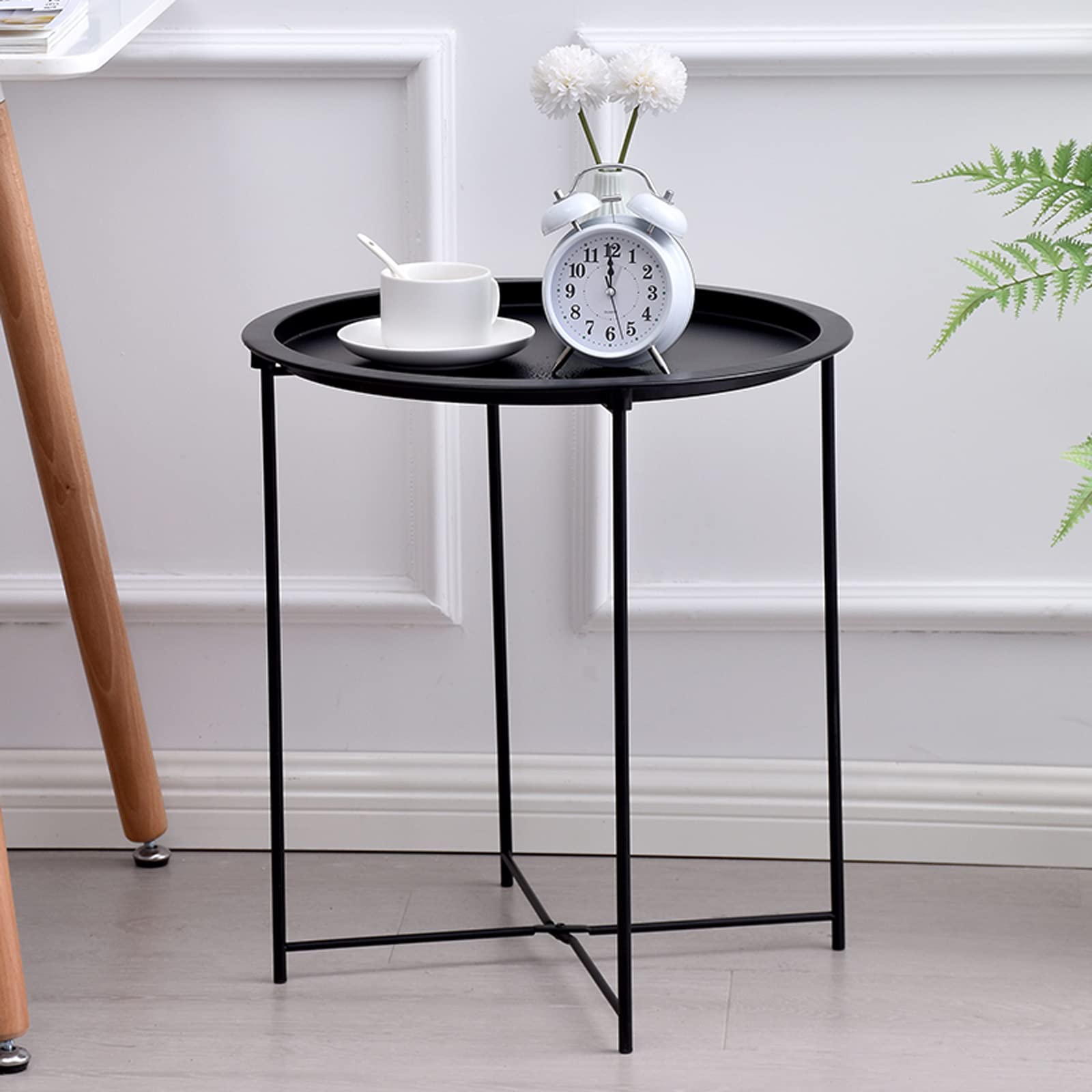 **Metal End Table - Small Round Folding Side Table for Outdoor, Living Room, Bedroom & Office - Waterproof Coffee Table & TV Tray - Space-Saving Fold-Away Table for Balcony, Sofa & Small Spaces**
