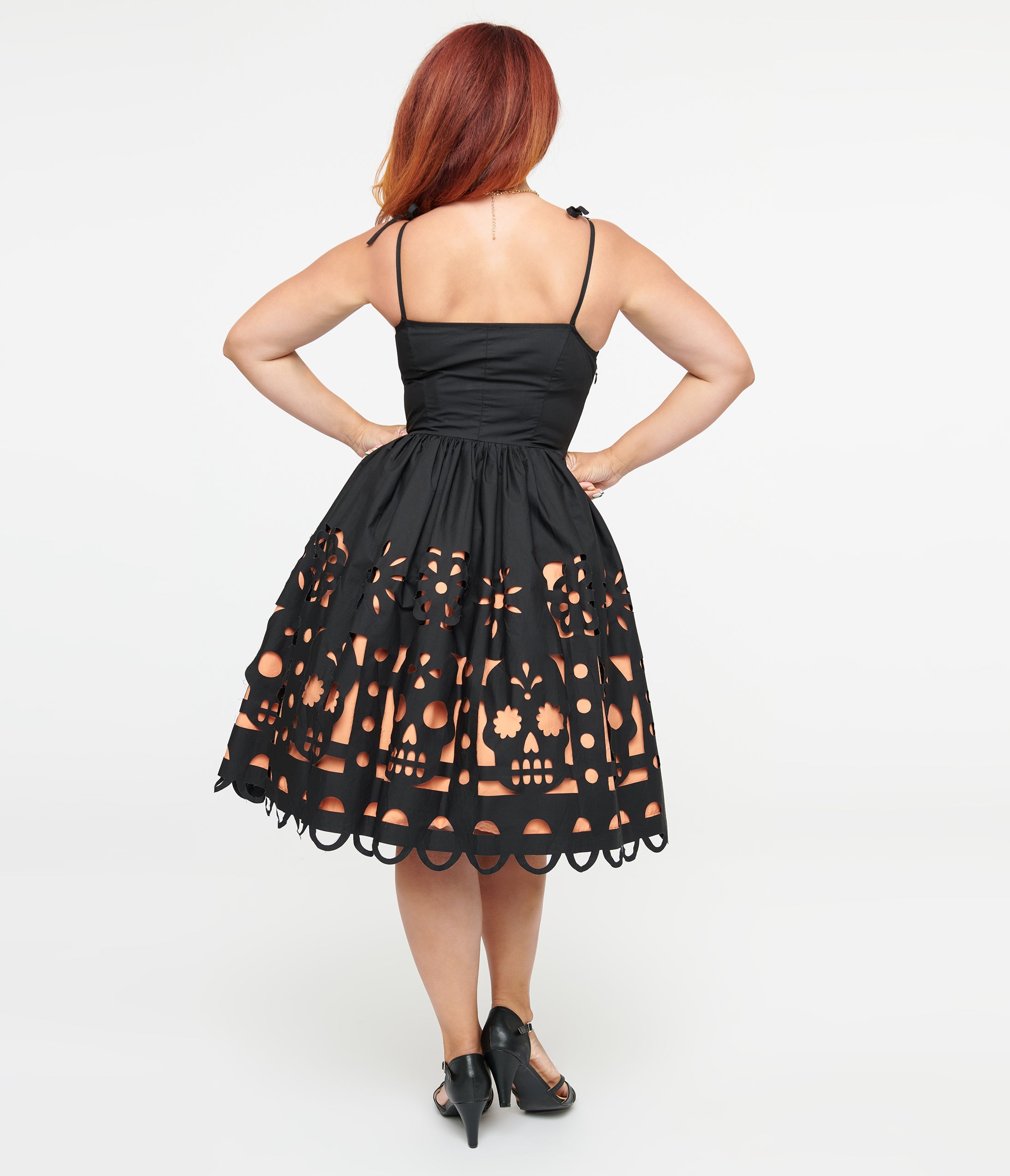 Vintage 1950s Black & Orange Day of the Dead Swing Dress - Retro Floral Cutout Cocktail Dress for Halloween, Costume Party & Mexican Themed Events