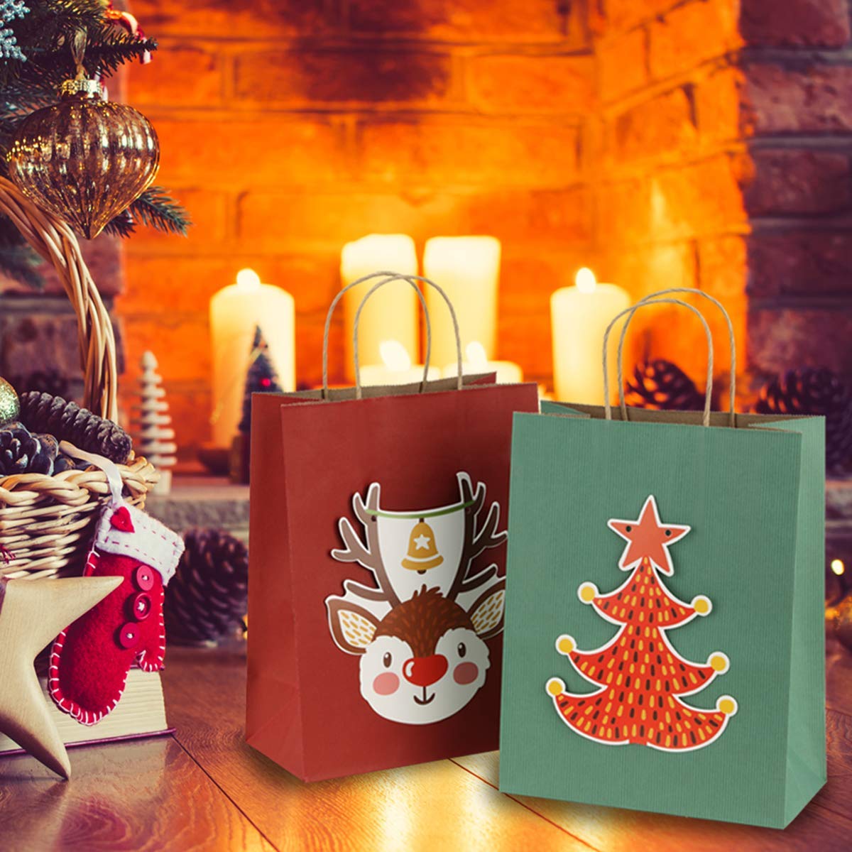 BagDream 10x5x13 Inches 50Pcs Red Stripes Kraft Paper Gift Bags with Handles - Eco-Friendly 100% Recycled Shopping, Retail & Party Bags for Merchandise, Gifts & Events