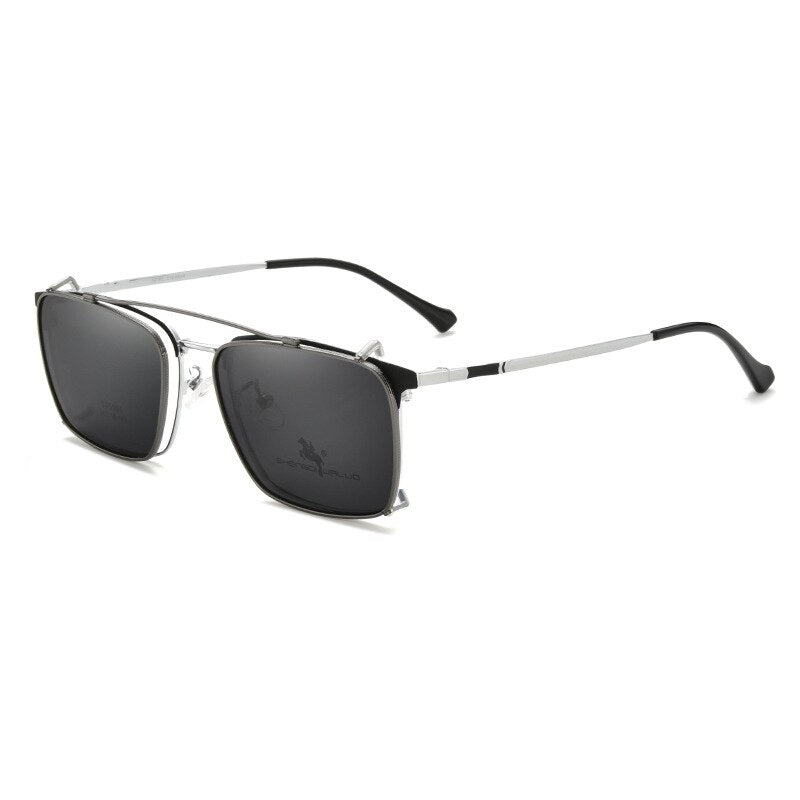 Bclear Men's Full Rim Square Alloy Frame Eyeglasses with Clip-On Polarized Sunglasses ZT95004 - Stylish Reading Glasses & Sun Protection for Driving, Outdoor Activities