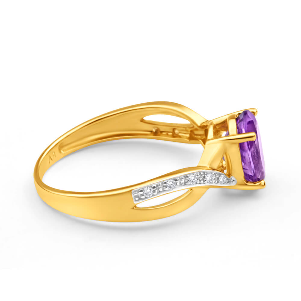 9ct Yellow Gold Amethyst and Diamond Crossover Ring for Women - Elegant Stackable Jewelry Gift for Valentine's Day, Anniversary or Special Occasions